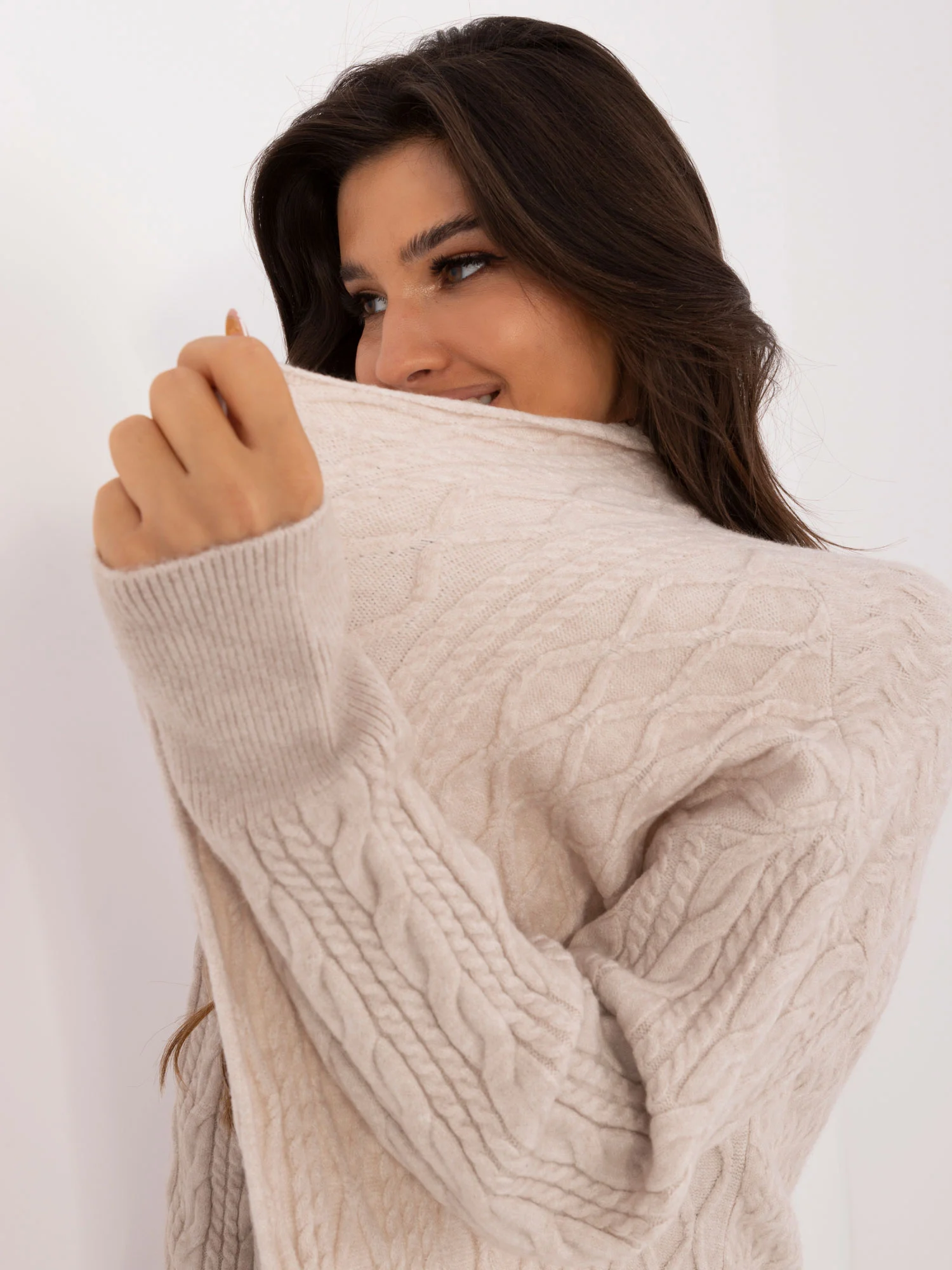 Cardigan Dama Maneca lunga, Guler inalt, Wool Fashion Italia, Bej Casual - imagine 3