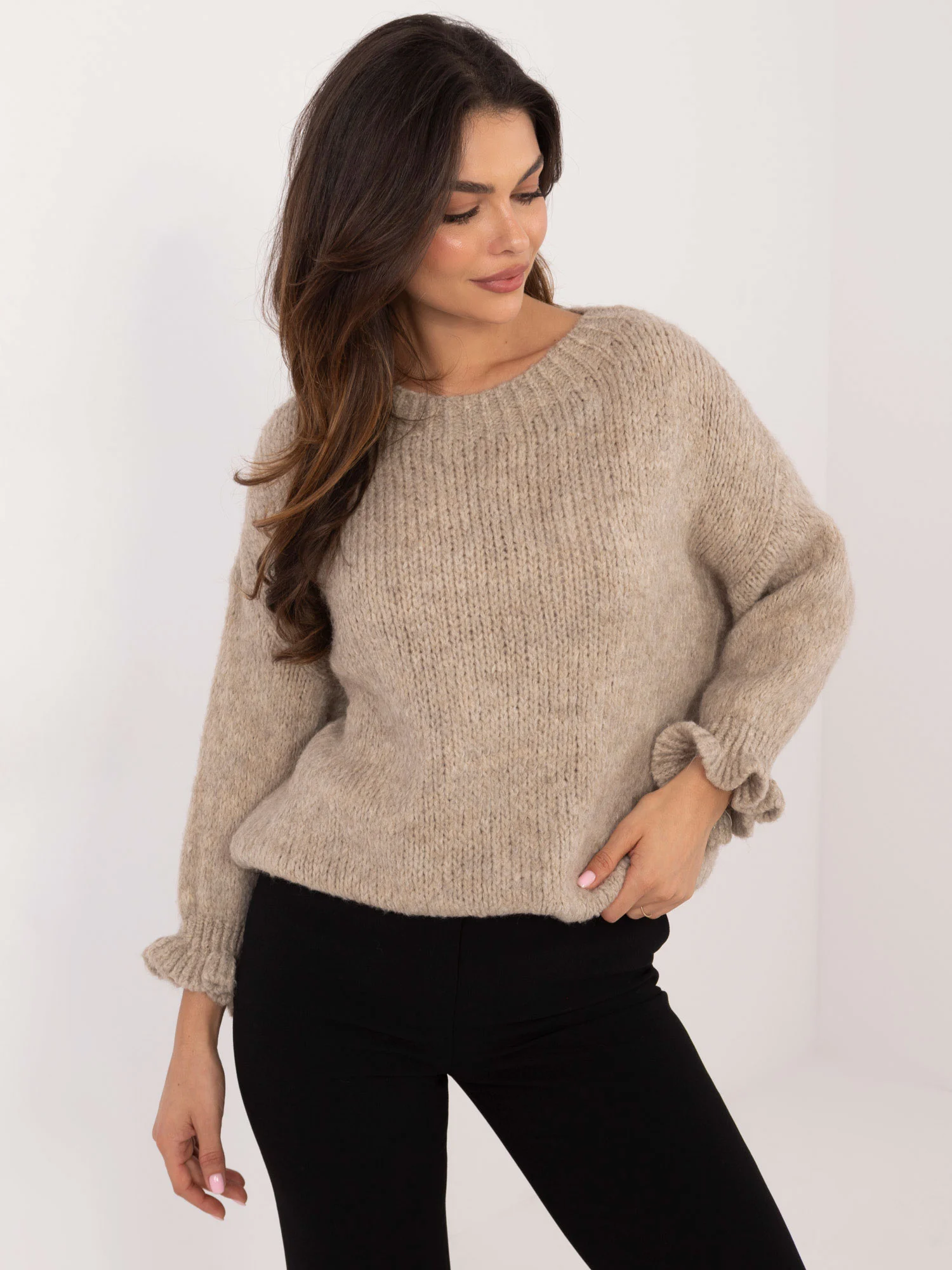 Pulover Dama Maneca lunga, Decolteu rotund, ITALY MODA, Bej Eleganta Office - imagine 3