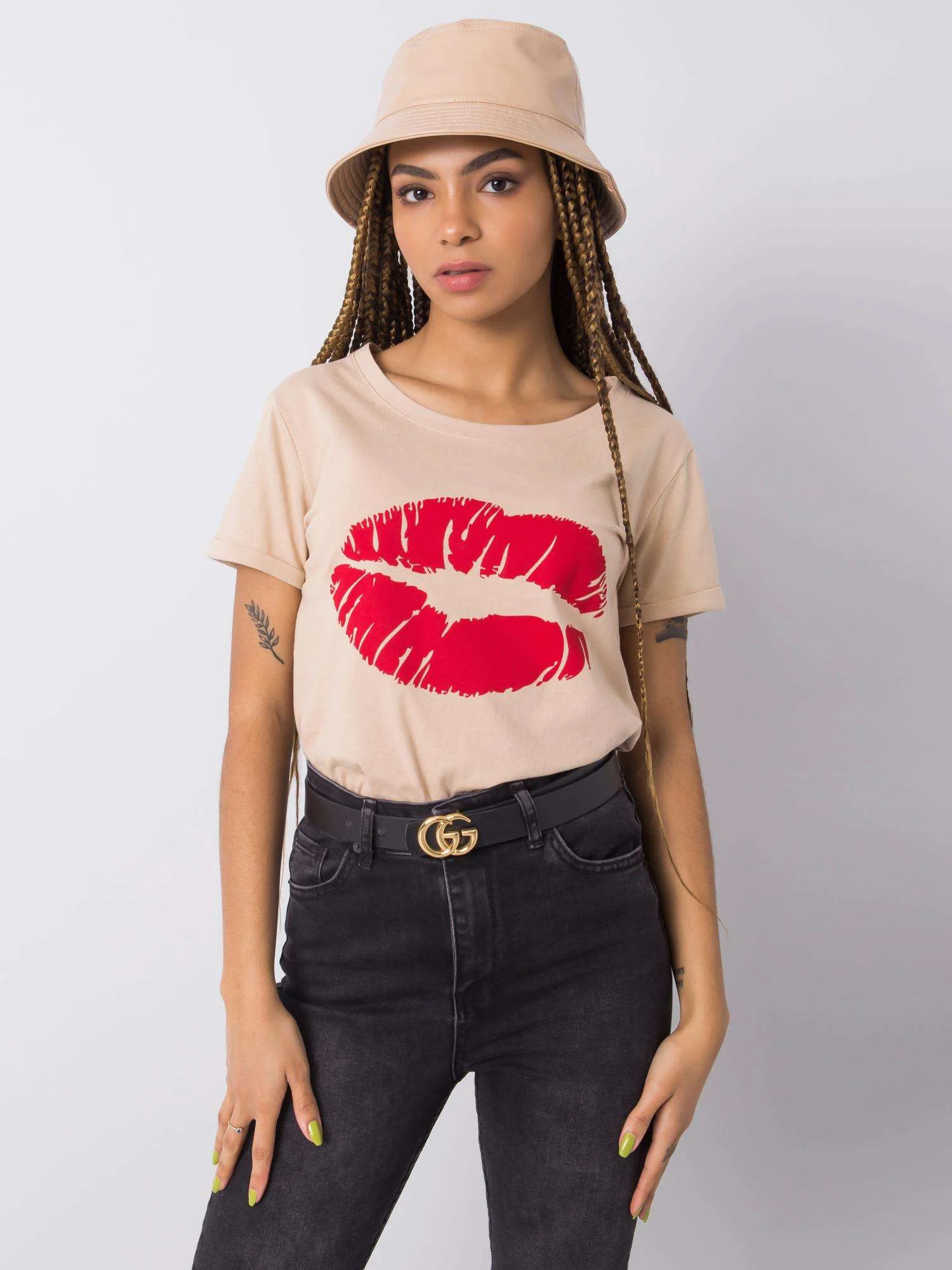 Tricou Dama Imprimat, Decolteu rotund, Och Bella, Bej - imagine 2