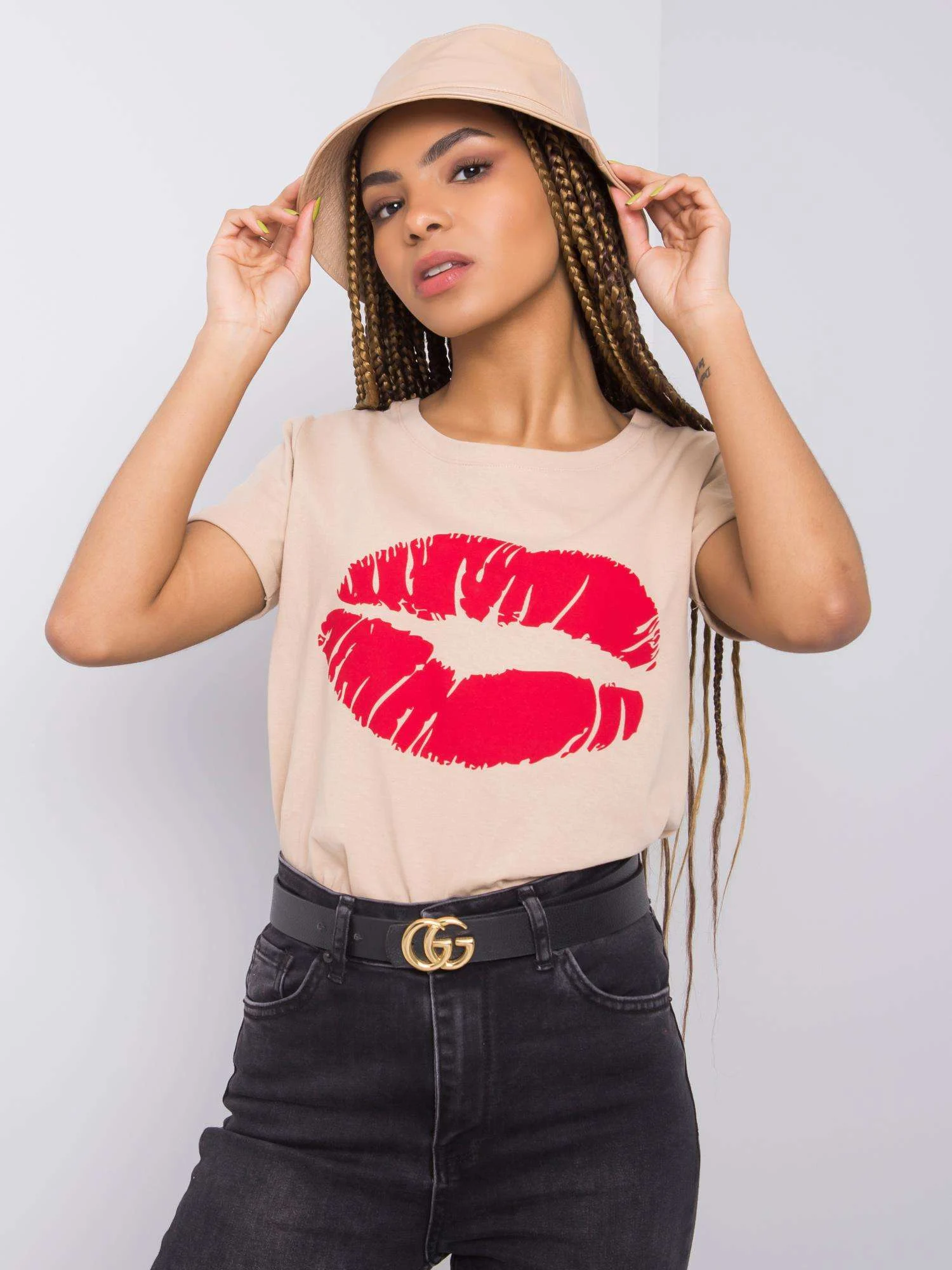 Tricou Dama Imprimat, Decolteu rotund, Och Bella, Bej - imagine 5