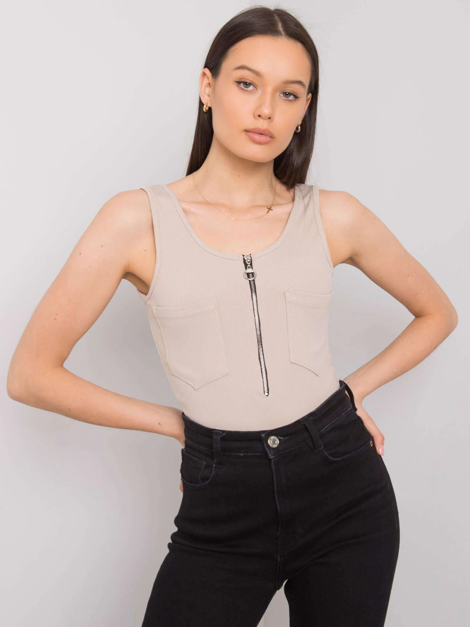 Top Dama Dungi, Decolteu rotund, ITALY MODA, Bej - imagine 3