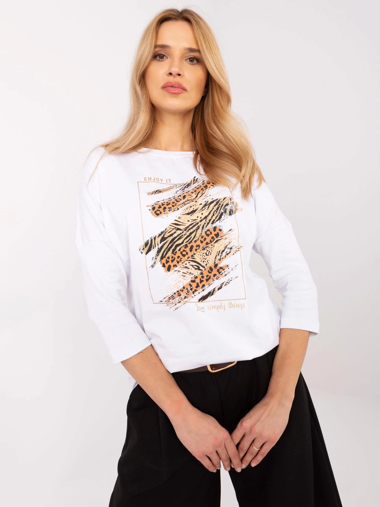 Bluza Dama Maneca 3/4, Animal print, Calimera, Alb - imagine 3