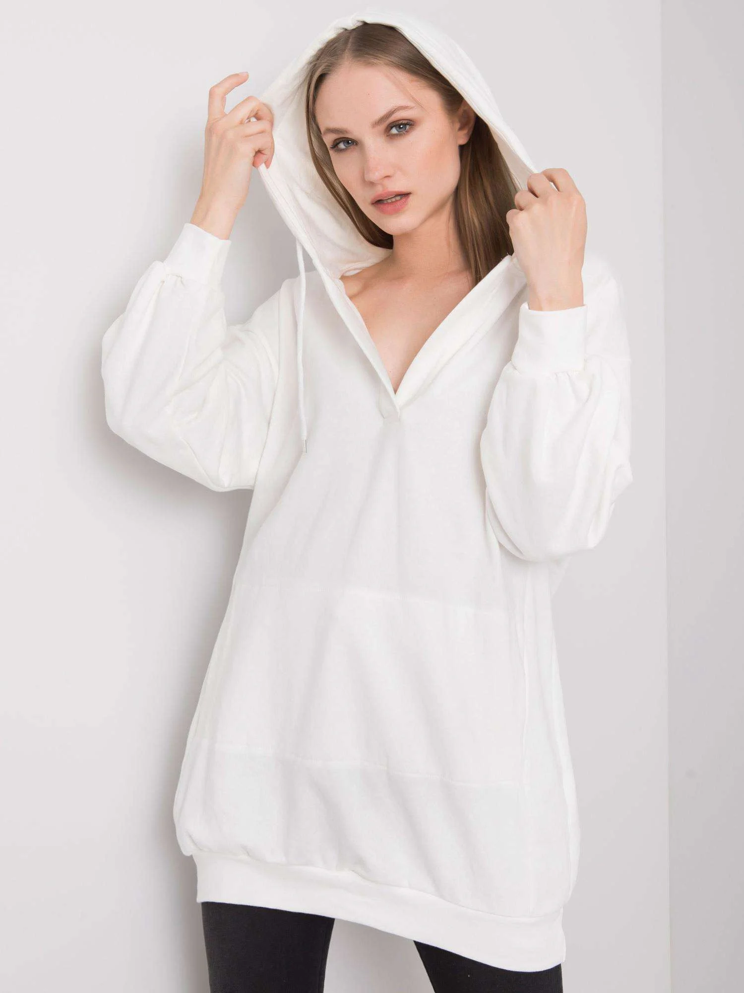 Hanorac Dama Maneca lunga, Decolteu in V, ex moda, Alb Casual - imagine 5