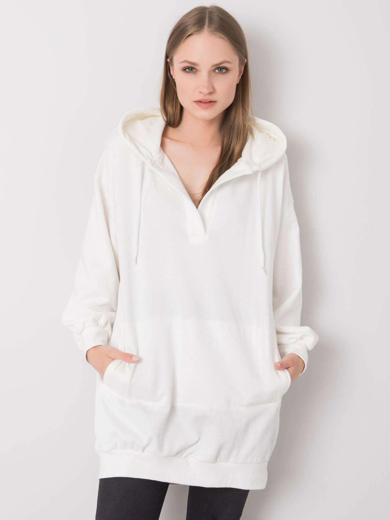 Hanorac Dama Maneca lunga, Decolteu in V, ex moda, Alb Casual - imagine 2