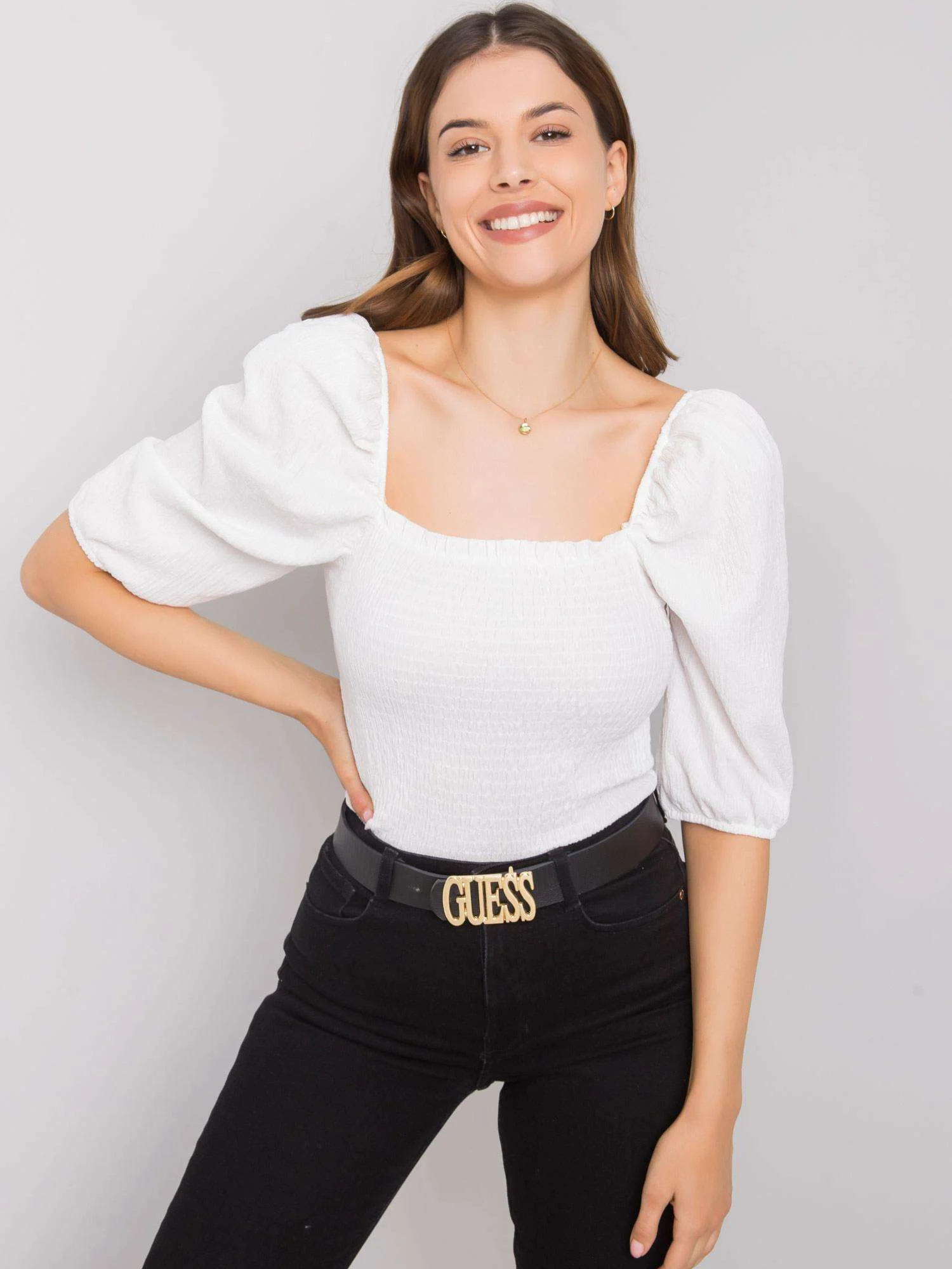 Bluza Dama Mini, Decolteu patrat, RUE PARIS, Alb Eleganta Office - imagine 5