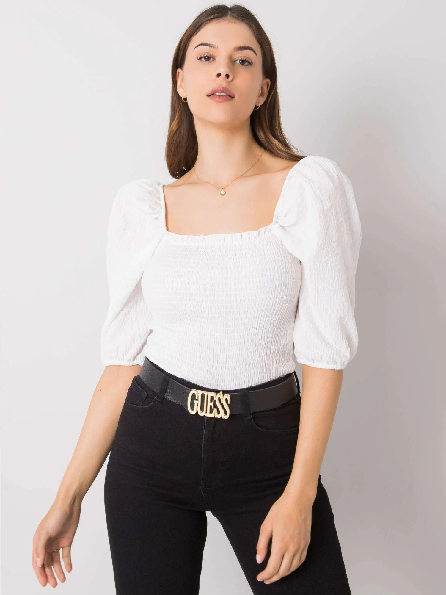 Bluza Dama Mini, Decolteu patrat, RUE PARIS, Alb Eleganta Office - imagine 6