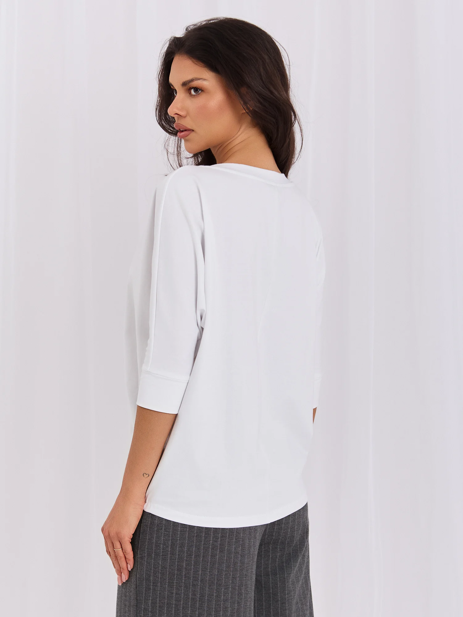 Bluza Dama Maneca 3/4, Decolteu in V, RUE PARIS, Alb - imagine 5