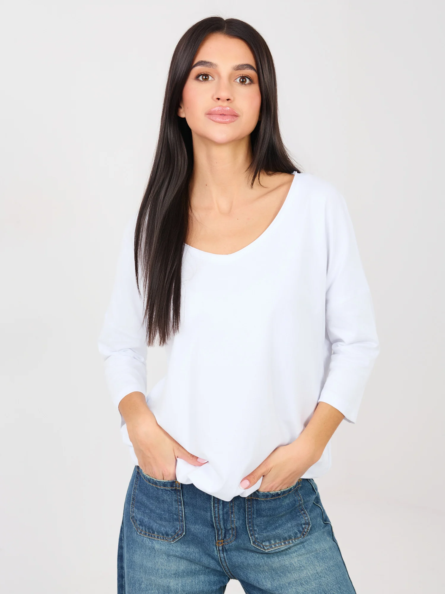 Bluza Dama Maneca 3/4, Decolteu rotund, RUE PARIS, Alb Casual - imagine 3