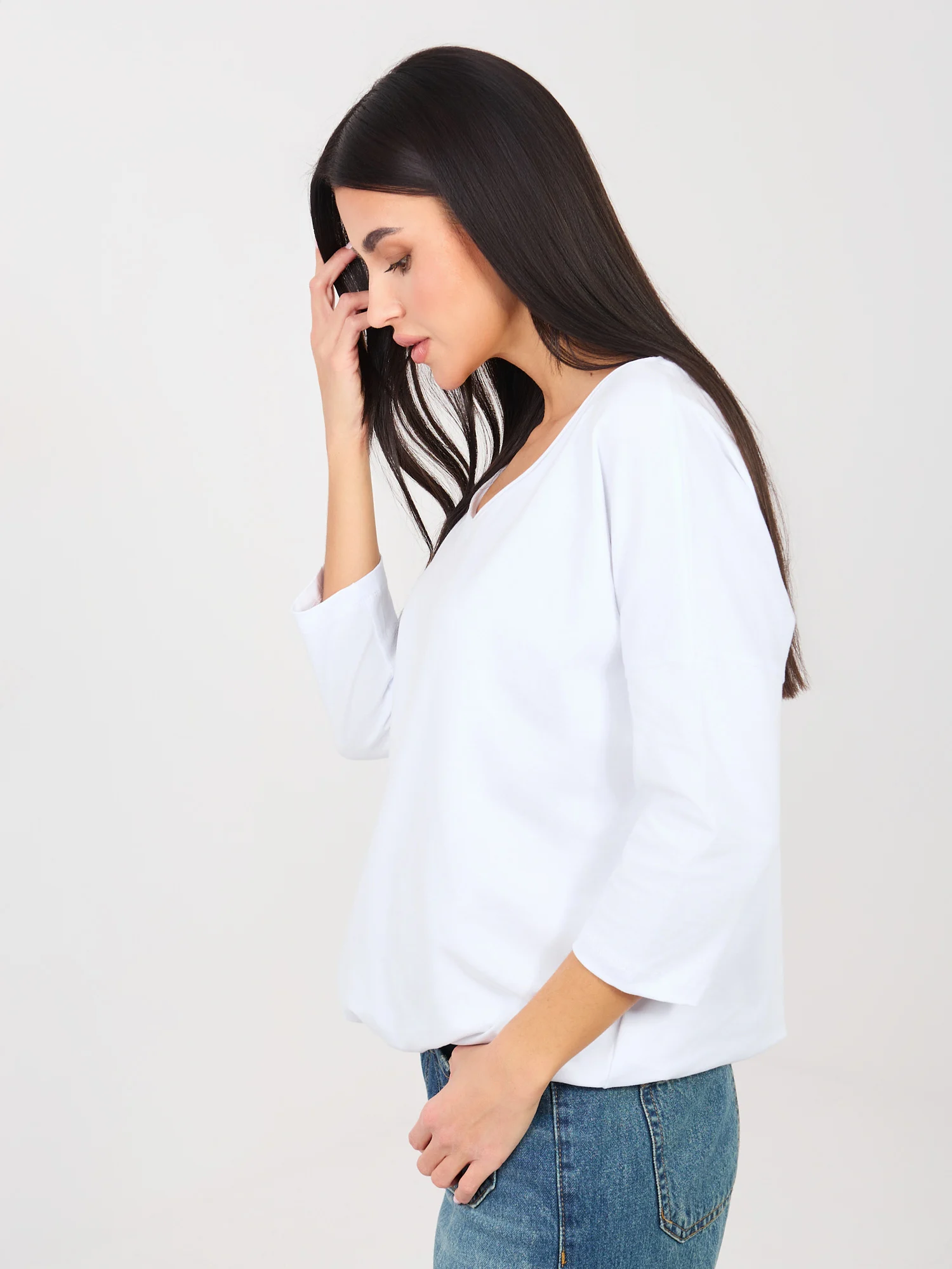 Bluza Dama Maneca 3/4, Decolteu rotund, RUE PARIS, Alb Casual - imagine 2