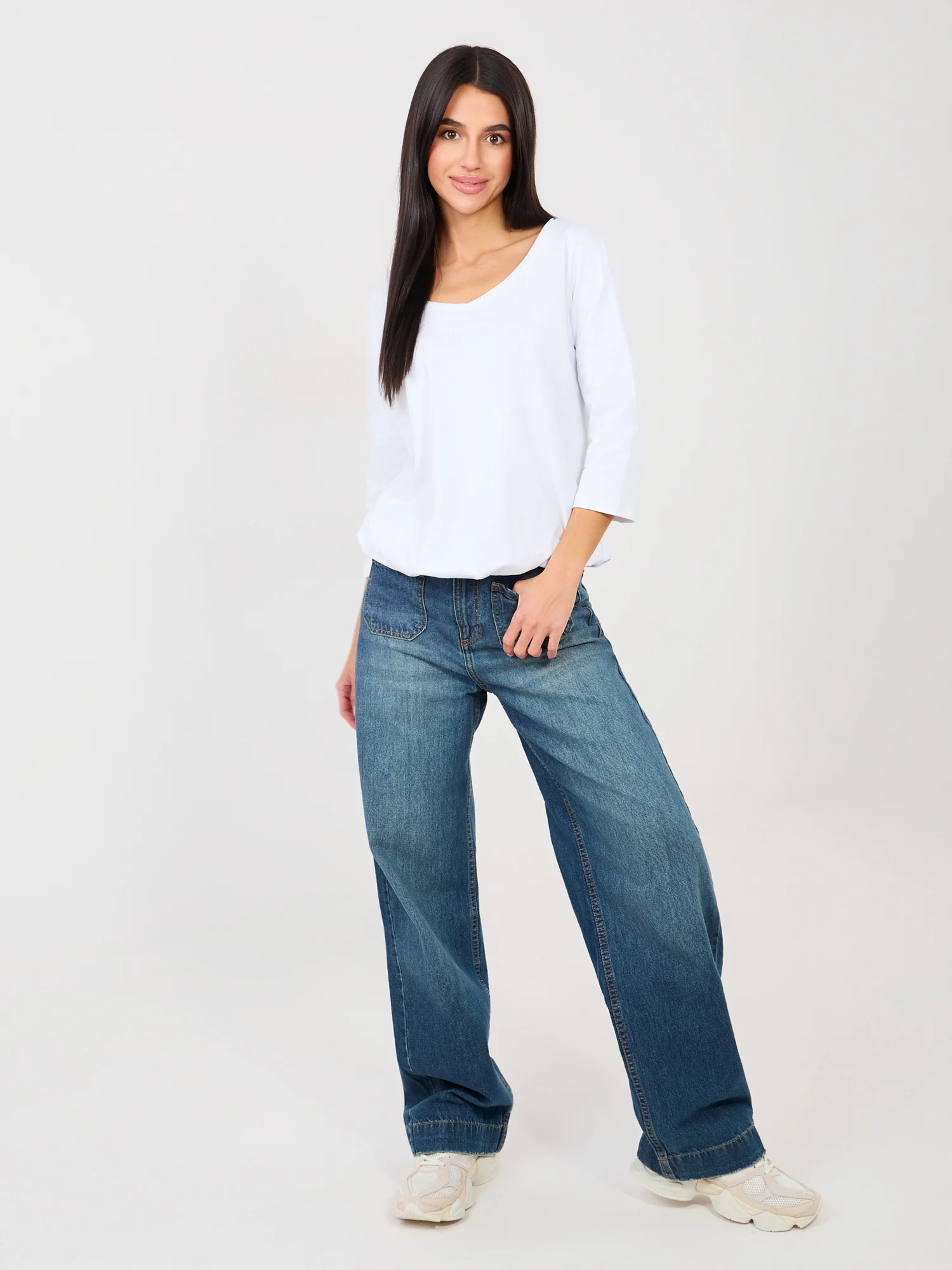 Bluza Dama Maneca 3/4, Decolteu rotund, RUE PARIS, Alb Casual - imagine 5