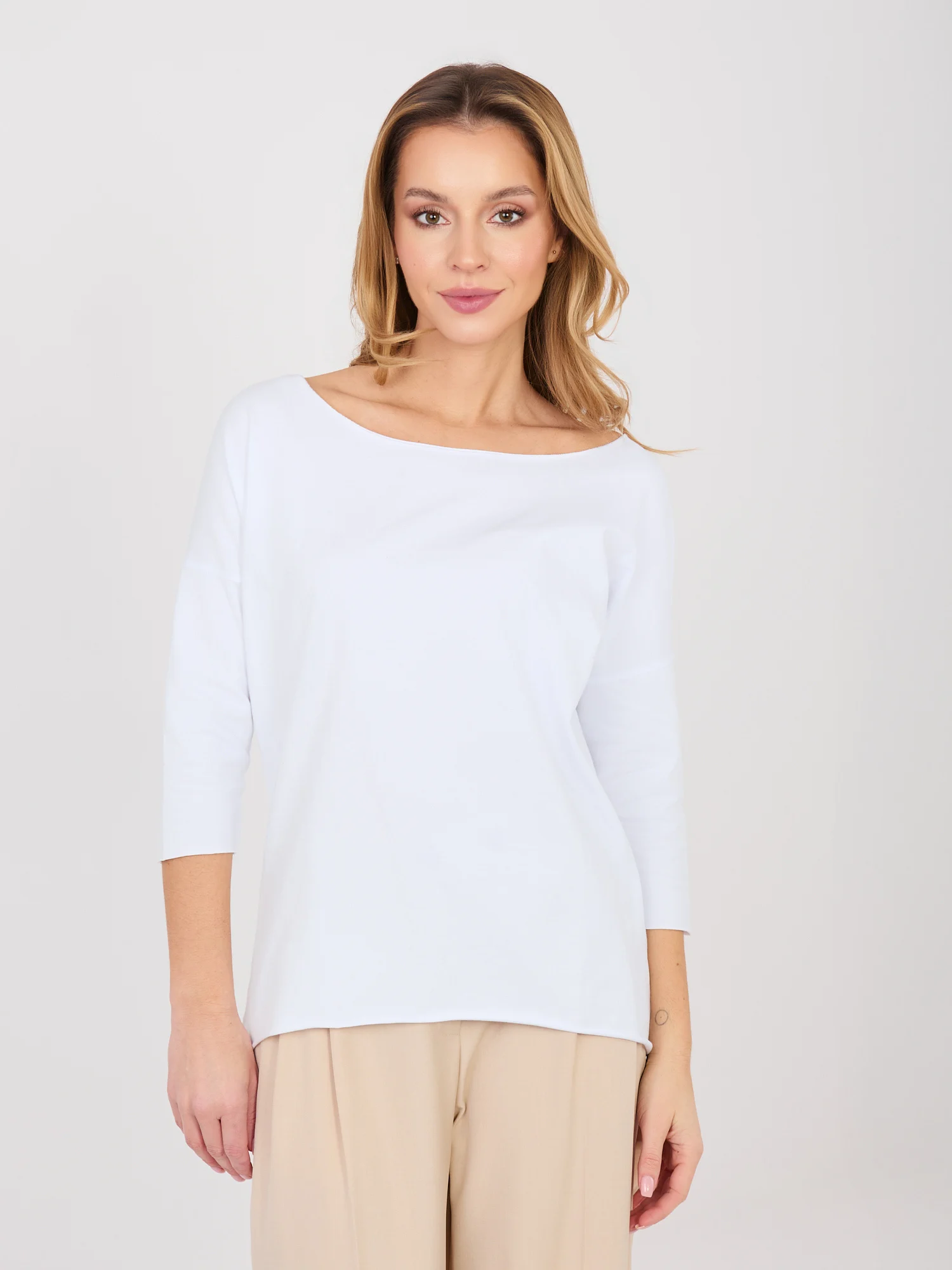 Bluza Dama Maneca 3/4, Decolteu barcuta, RUE PARIS, Alb Casual - imagine 4