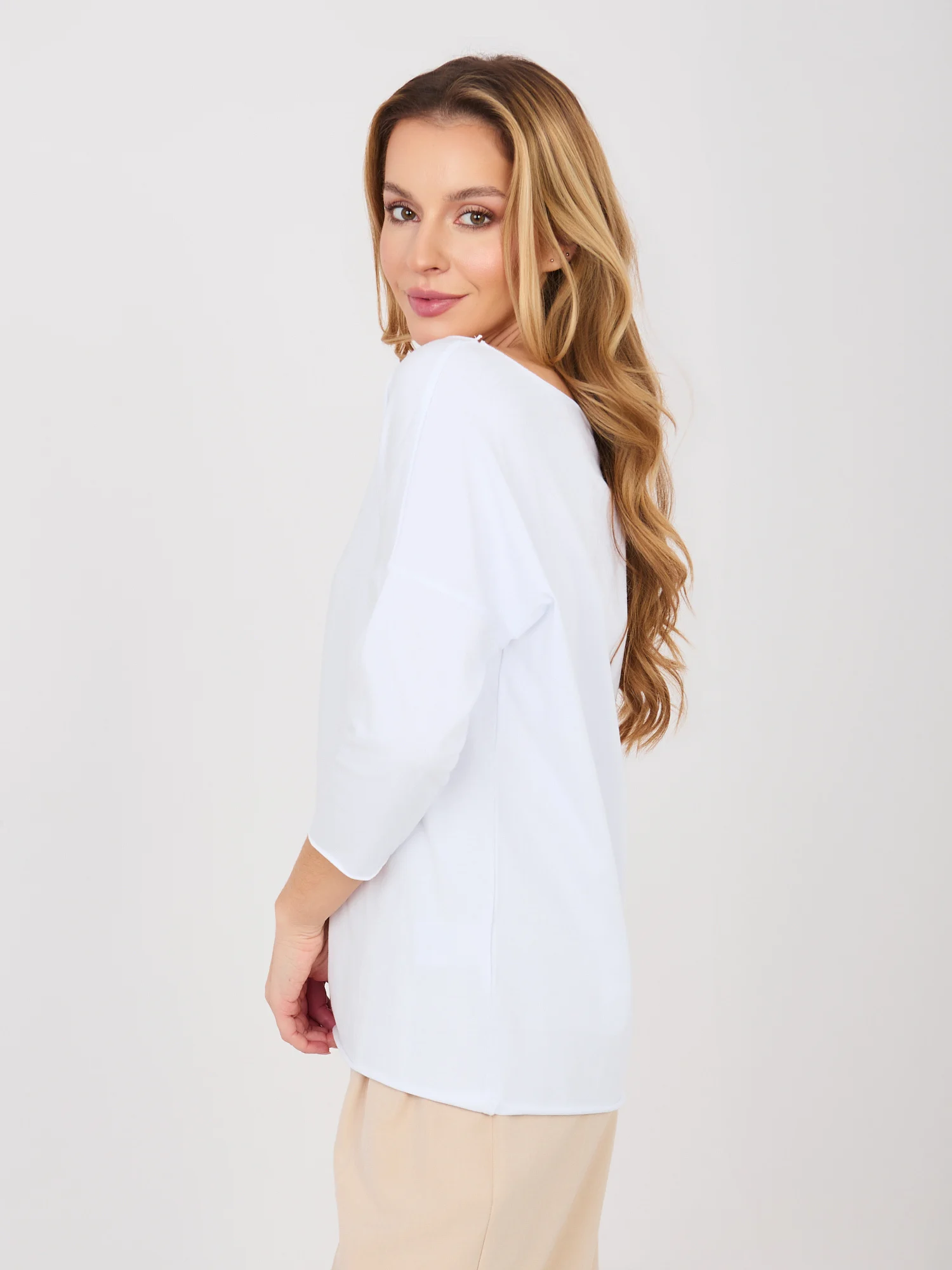Bluza Dama Maneca 3/4, Decolteu barcuta, RUE PARIS, Alb Casual - imagine 2