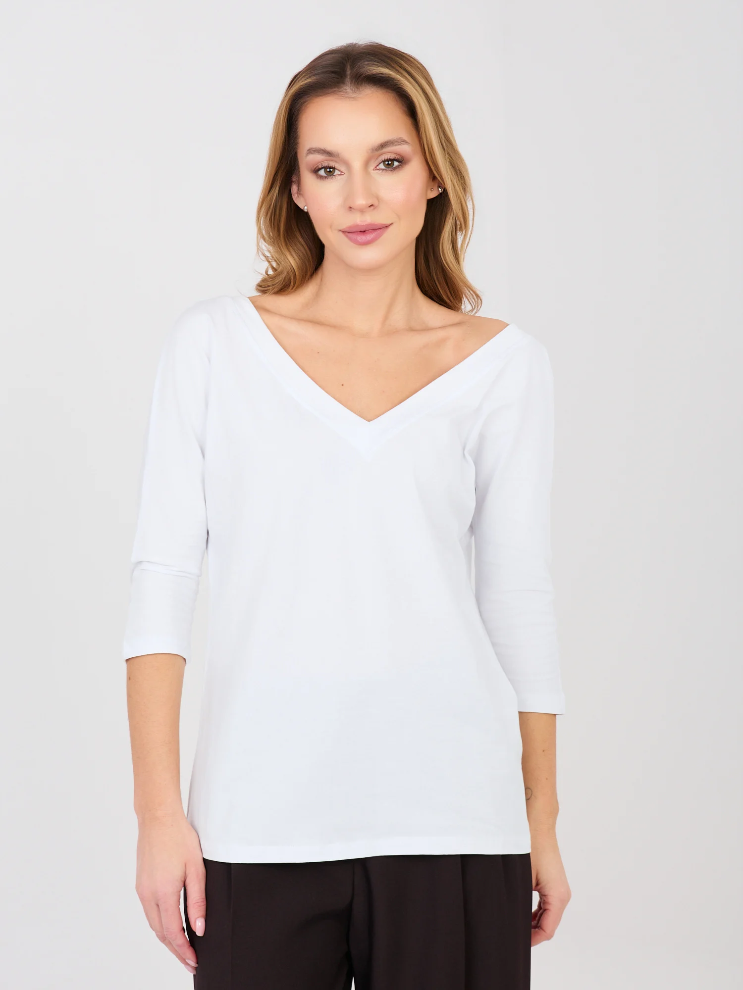 Bluza Dama Maneca 3/4, Decolteu in V, RUE PARIS, Alb - imagine 4