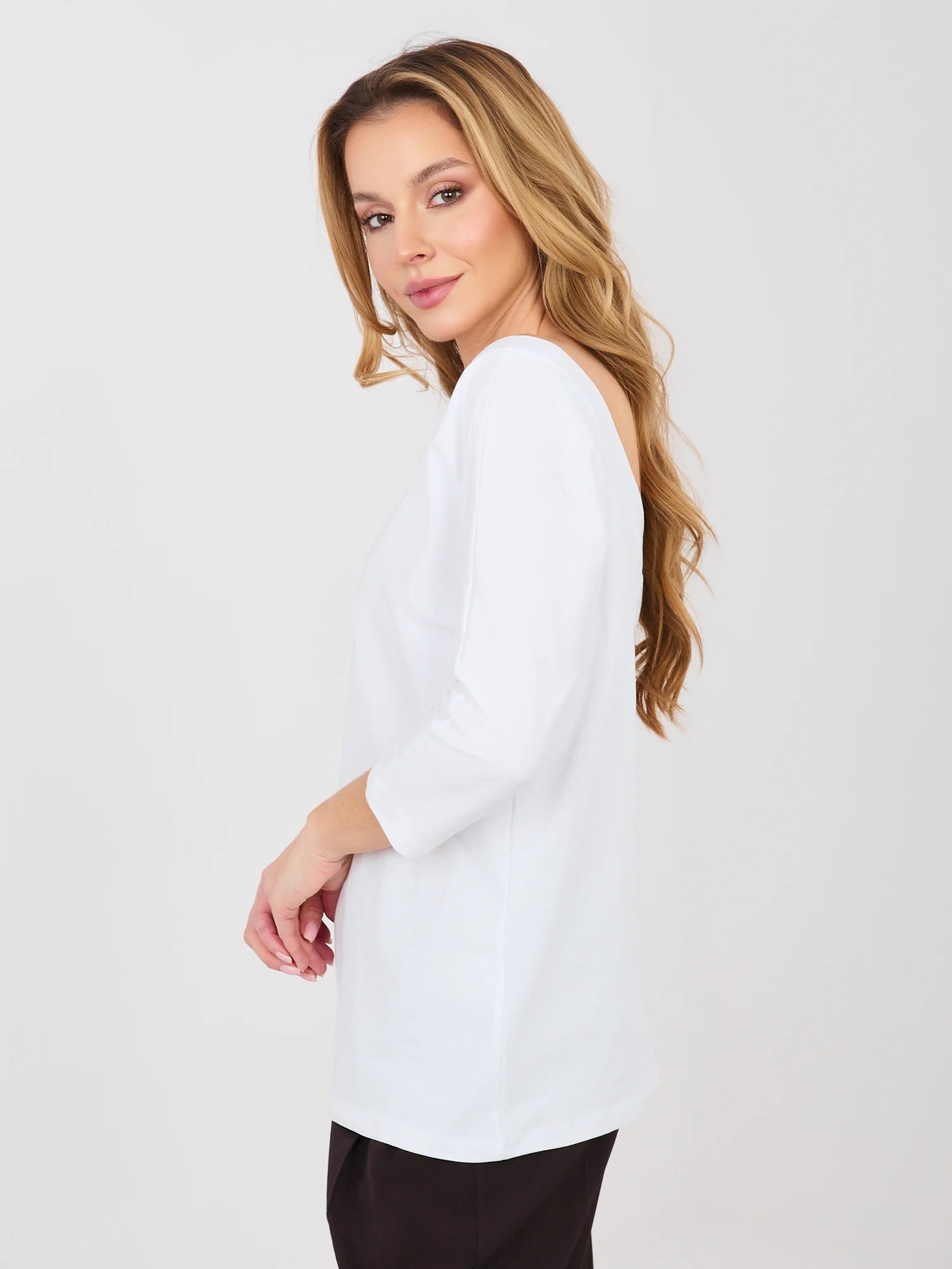 Bluza Dama Maneca 3/4, Decolteu in V, RUE PARIS, Alb - imagine 3