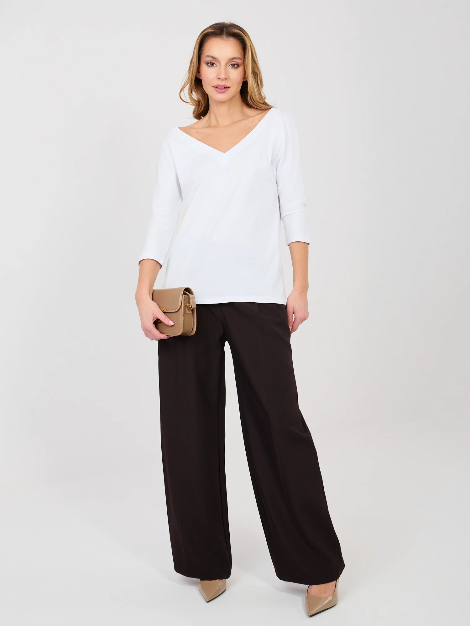 Bluza Dama Maneca 3/4, Decolteu in V, RUE PARIS, Alb - imagine 5