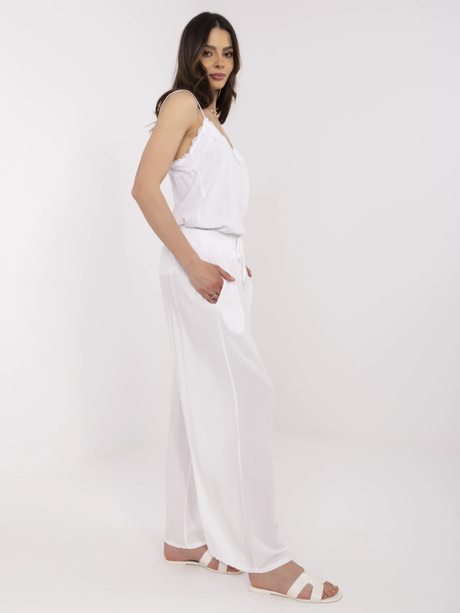 Pantaloni Dama Larga, Guler inalt, ITALY MODA, Alb Casual - imagine 2