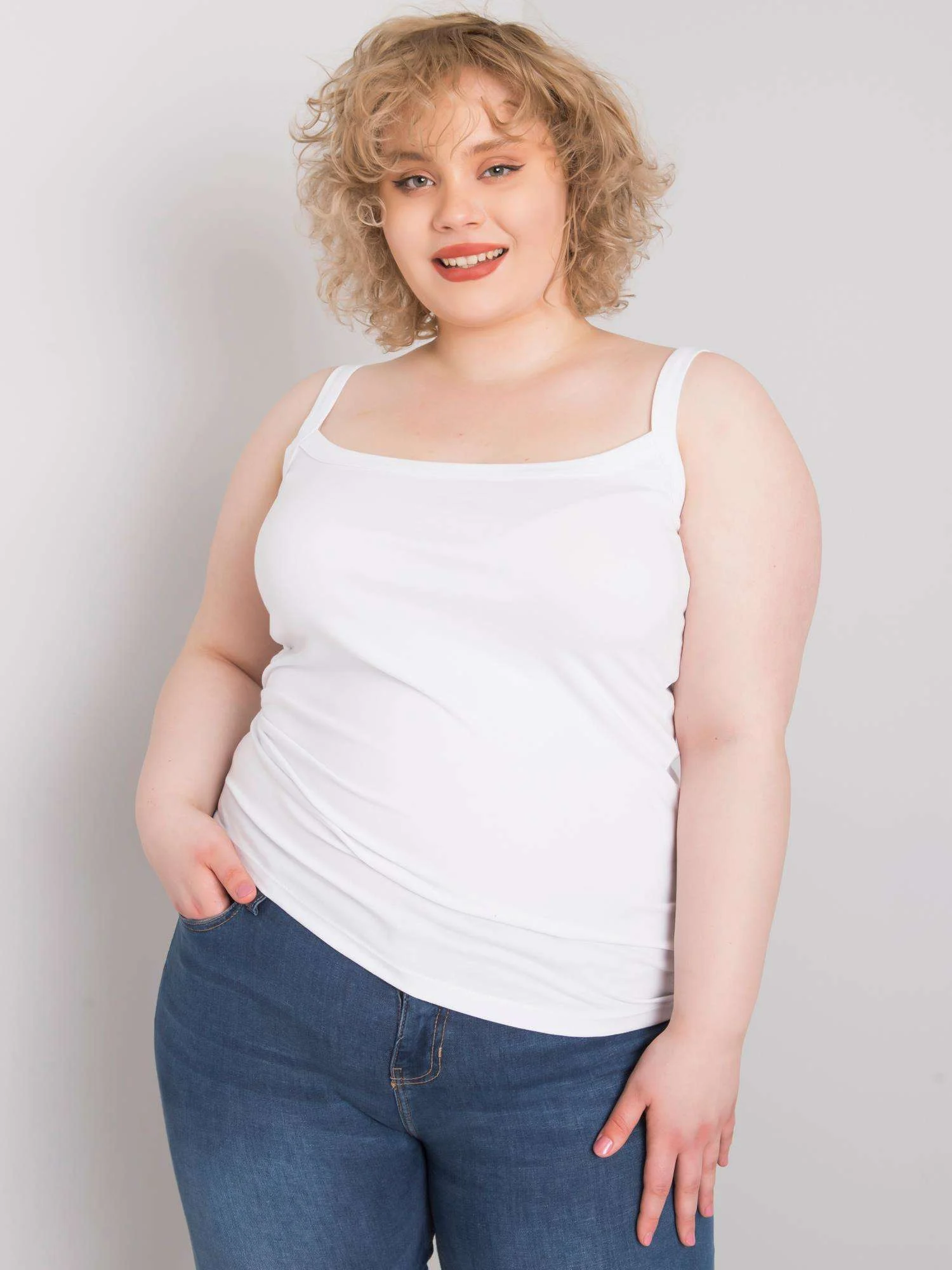 Top Dama Decolteu rotund, Bumbac, BASIC FEEL GOOD, Alb Marimi Mari - imagine 8