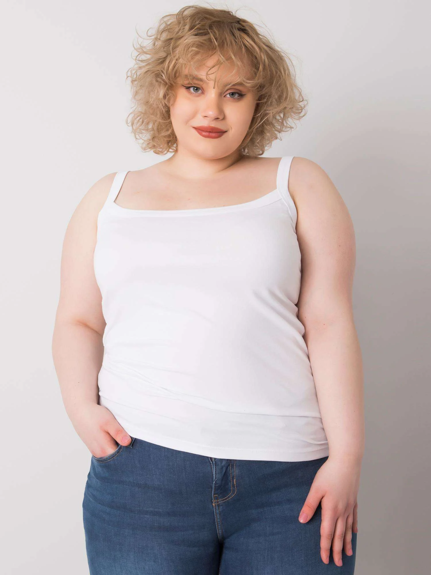 Top Dama Decolteu rotund, Bumbac, BASIC FEEL GOOD, Alb Marimi Mari - imagine 6