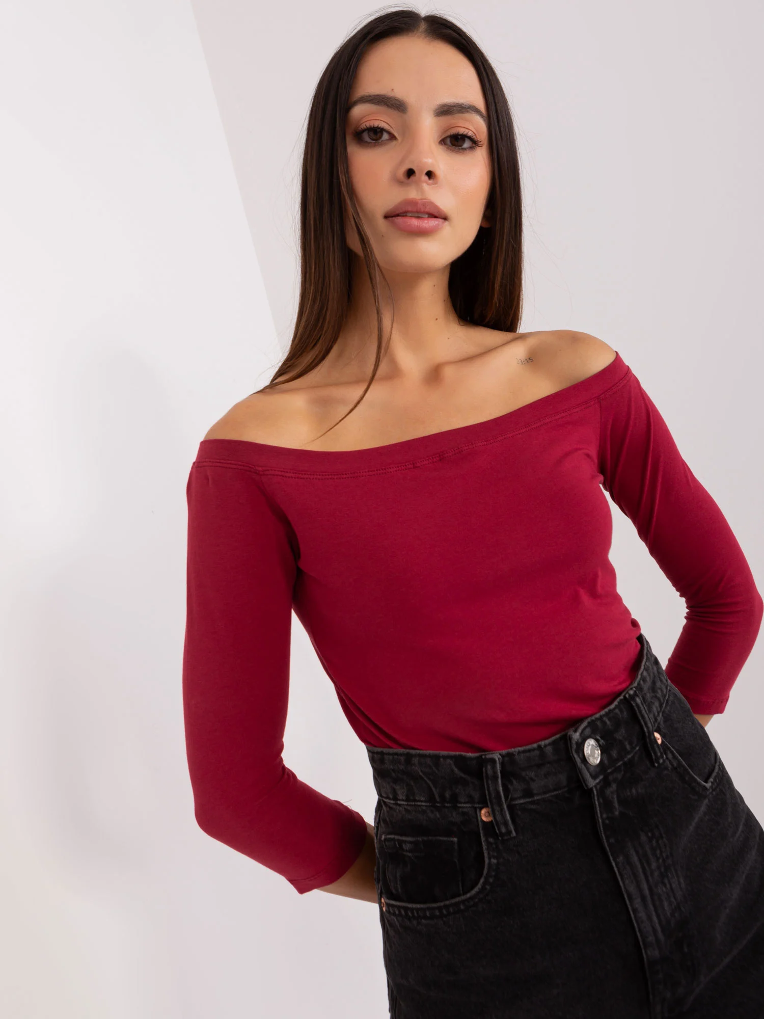 Bluza Dama Maneca 3/4, Guler inalt, BASIC FEEL GOOD, Bordo Casual - imagine 4