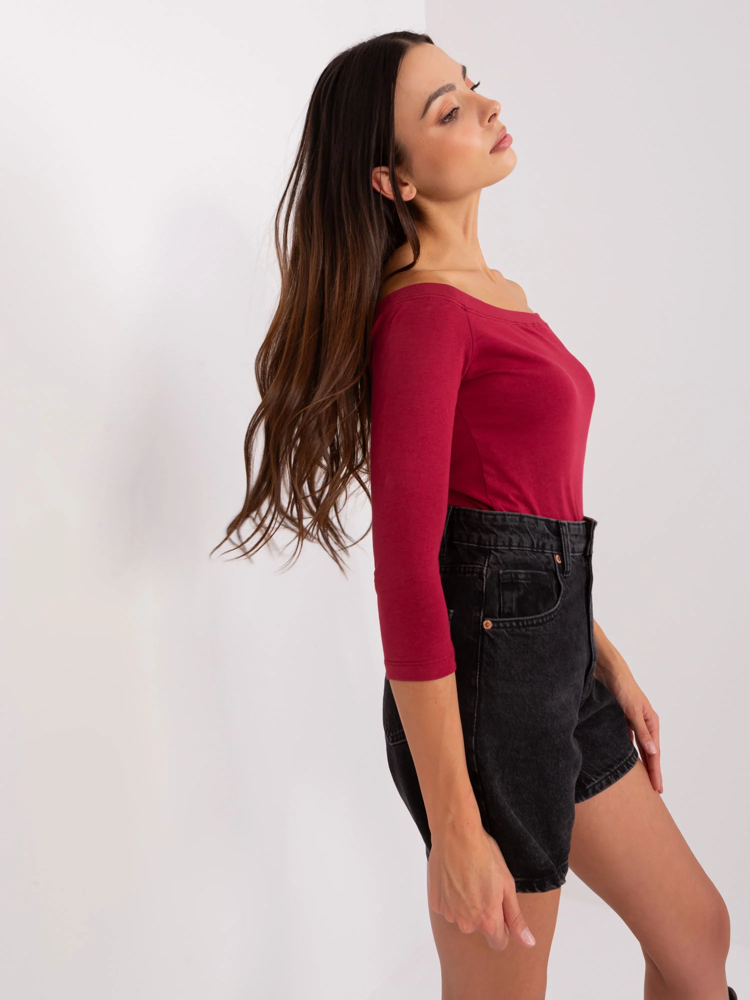 Bluza Dama Maneca 3/4, Guler inalt, BASIC FEEL GOOD, Bordo Casual - imagine 3