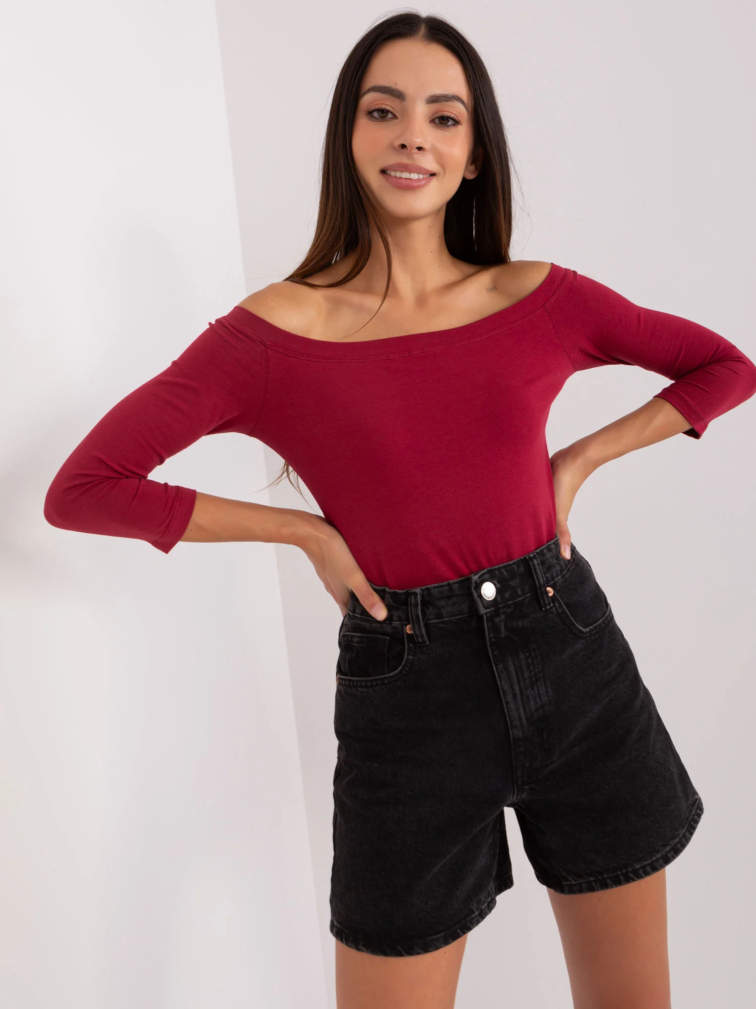 Bluza Dama Maneca 3/4, Guler inalt, BASIC FEEL GOOD, Bordo Casual - imagine 2