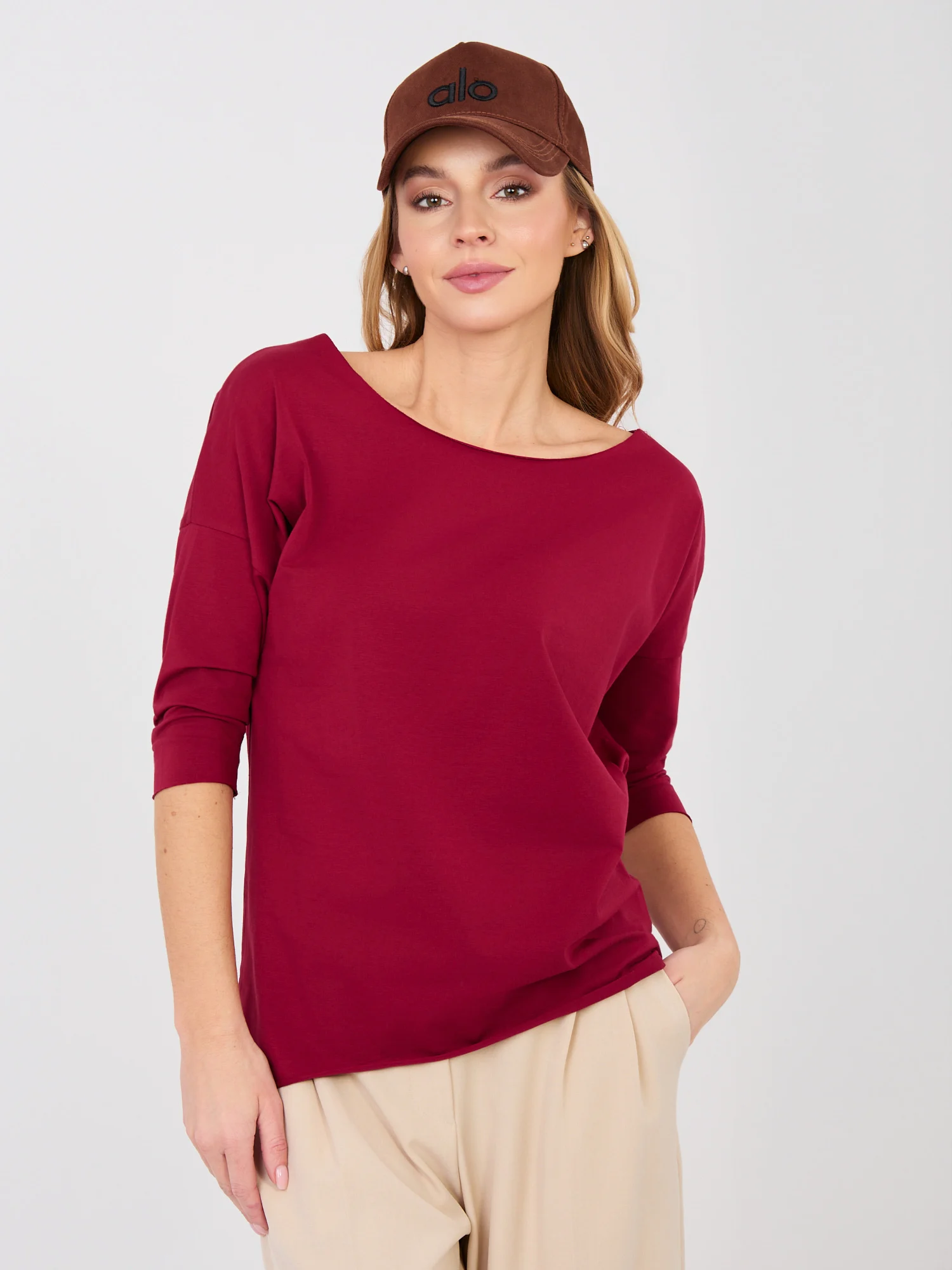 Bluza Dama Maneca 3/4, Decolteu barcuta, RUE PARIS, Bordo Casual - imagine 2