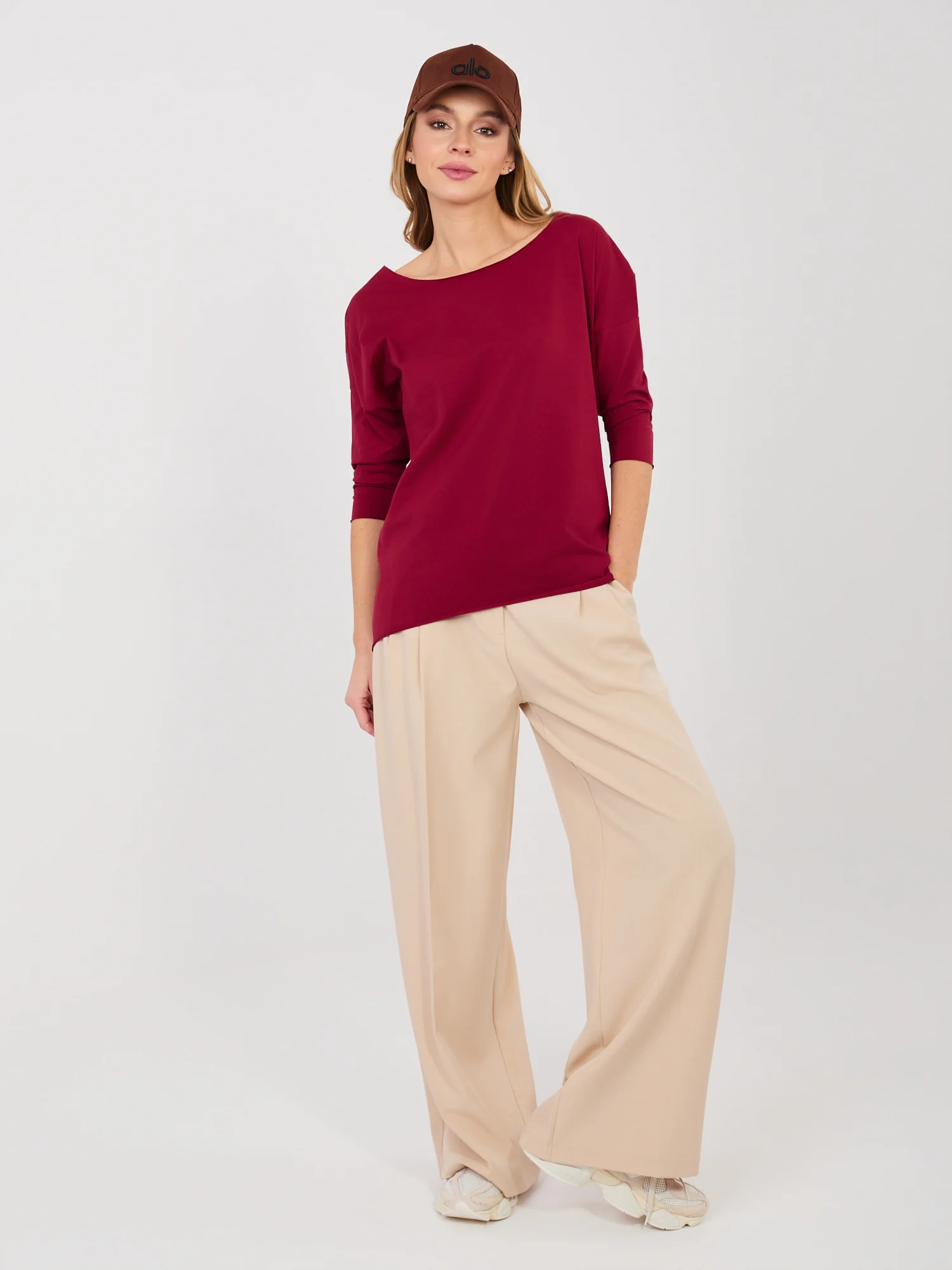 Bluza Dama Maneca 3/4, Decolteu barcuta, RUE PARIS, Bordo Casual - imagine 6