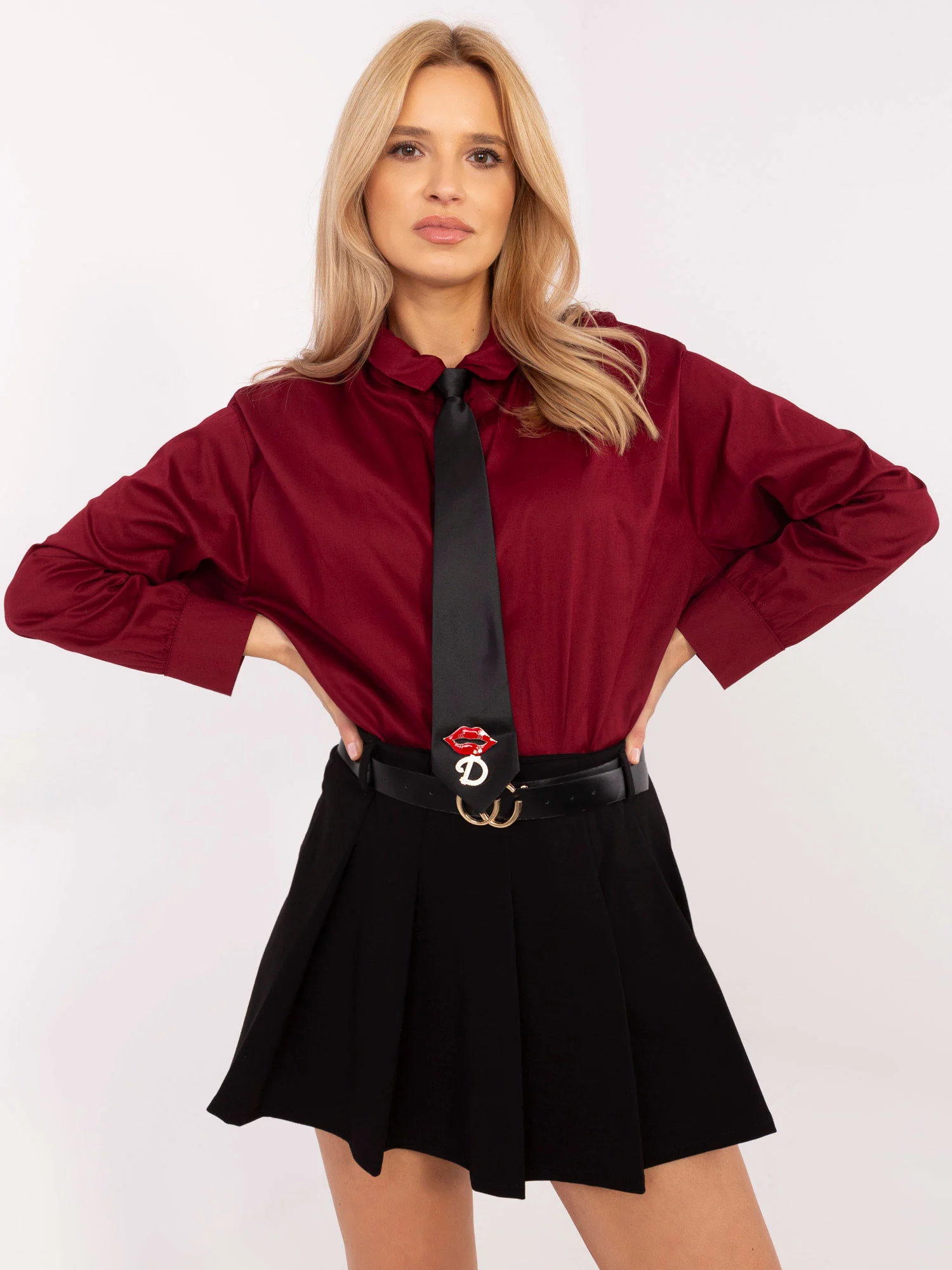 Camasa Dama Maneca lunga, Guler inalt, ITALY MODA, Bordo Casual - imagine 6