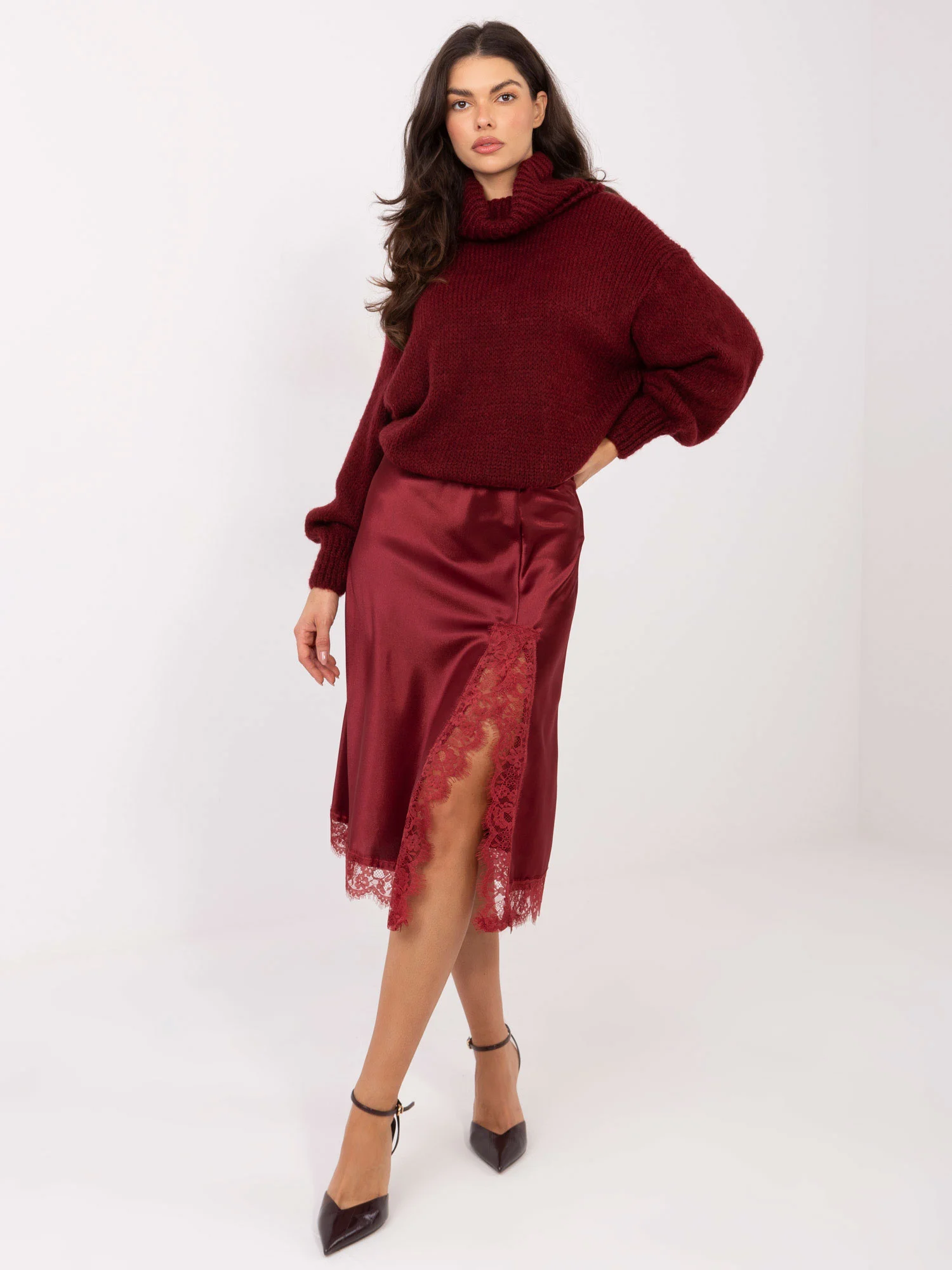 Fusta Dama Midi, Dantela, RUE PARIS, Bordo Eleganta Office - imagine 5