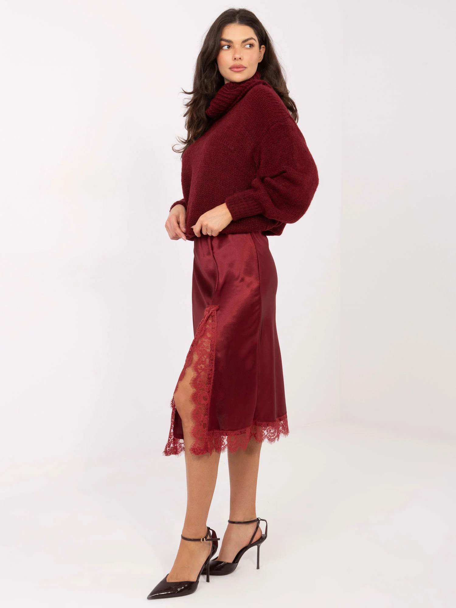 Fusta Dama Midi, Dantela, RUE PARIS, Bordo Eleganta Office - imagine 4