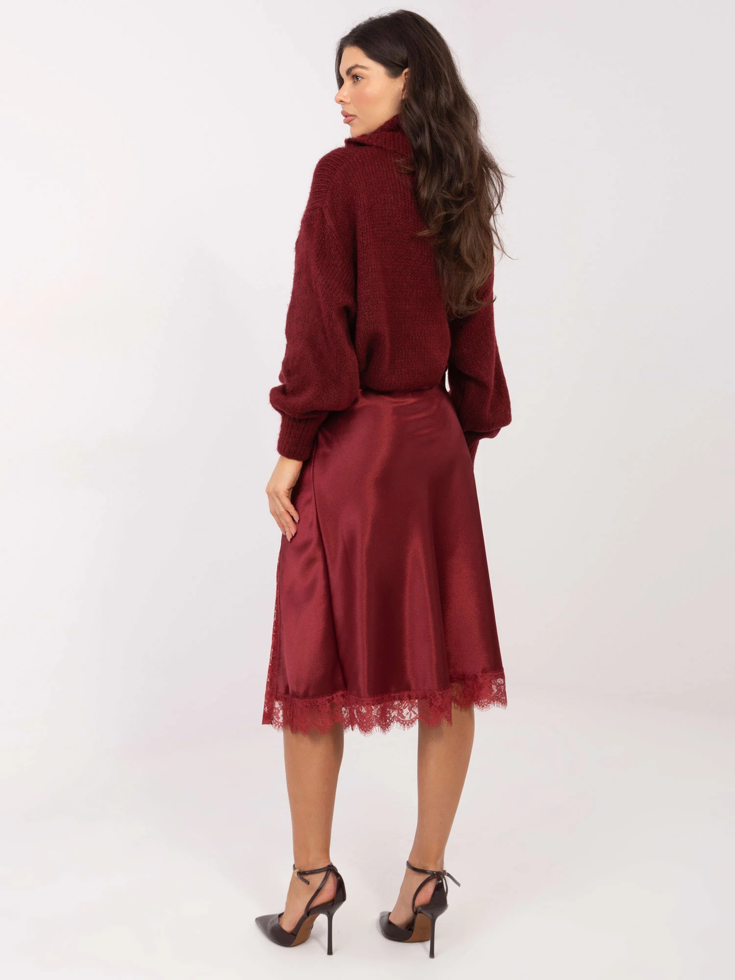 Fusta Dama Midi, Dantela, RUE PARIS, Bordo Eleganta Office - imagine 2