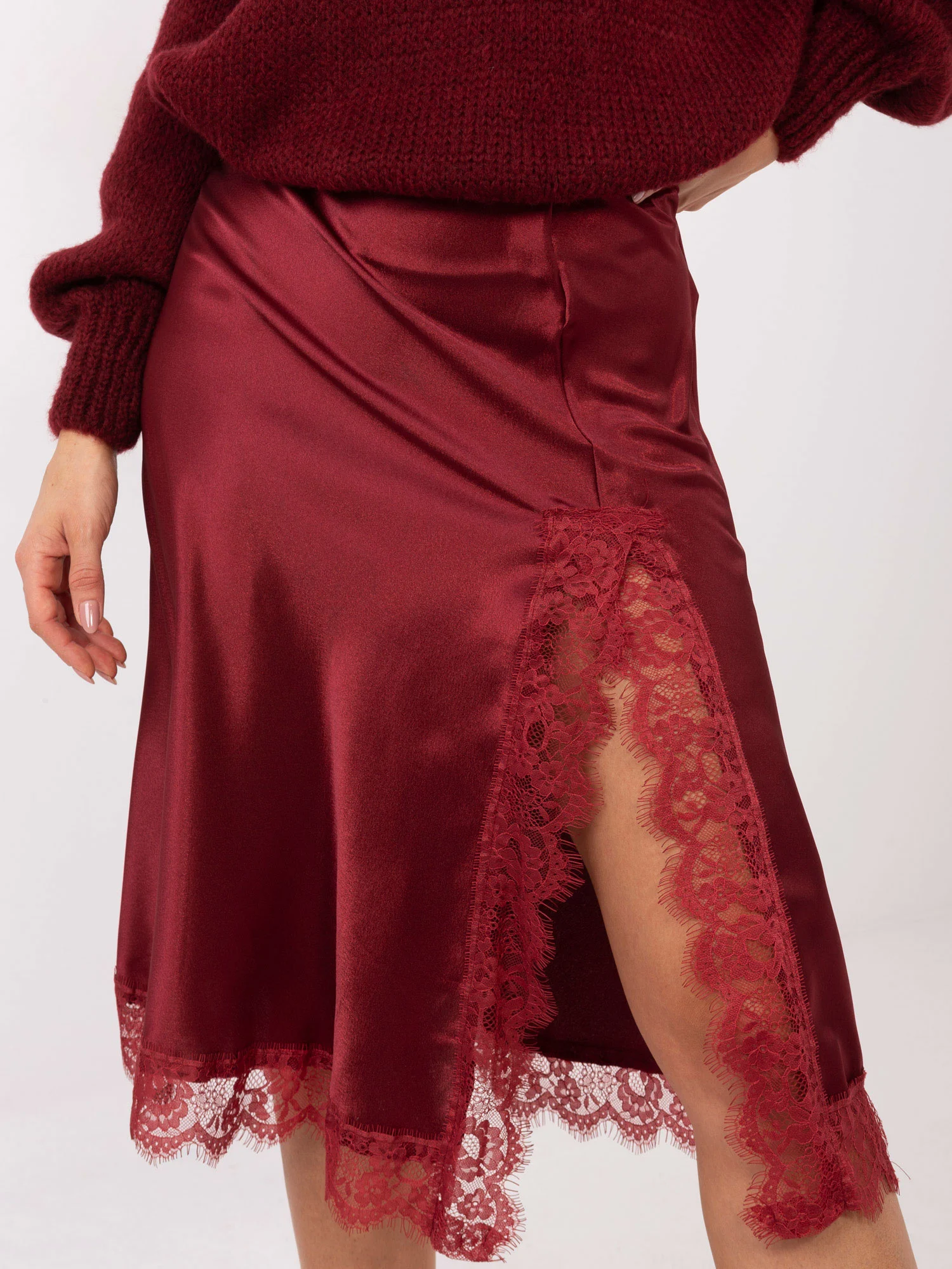 Fusta Dama Midi, Dantela, RUE PARIS, Bordo Eleganta Office - imagine 3