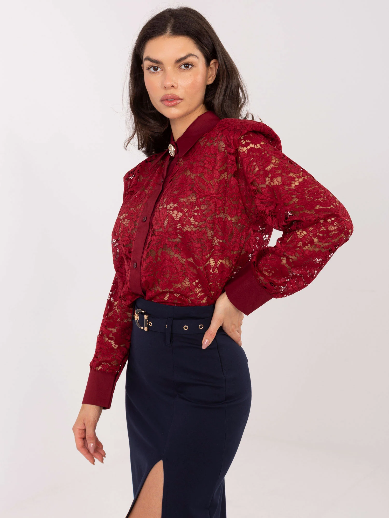 Camasa Dama Maneca lunga, Dantela, ITALY MODA, Bordo Eleganta Office - imagine 6