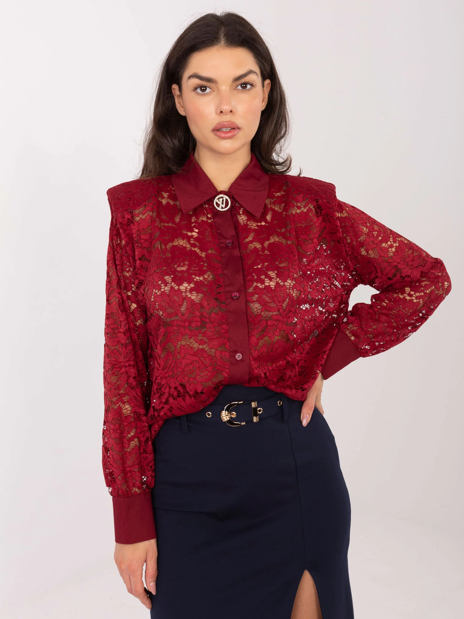 Camasa Dama Maneca lunga, Dantela, ITALY MODA, Bordo Eleganta Office - imagine 5