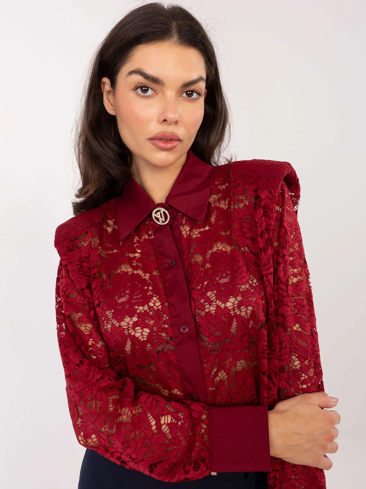 Camasa Dama Maneca lunga, Dantela, ITALY MODA, Bordo Eleganta Office - imagine 2