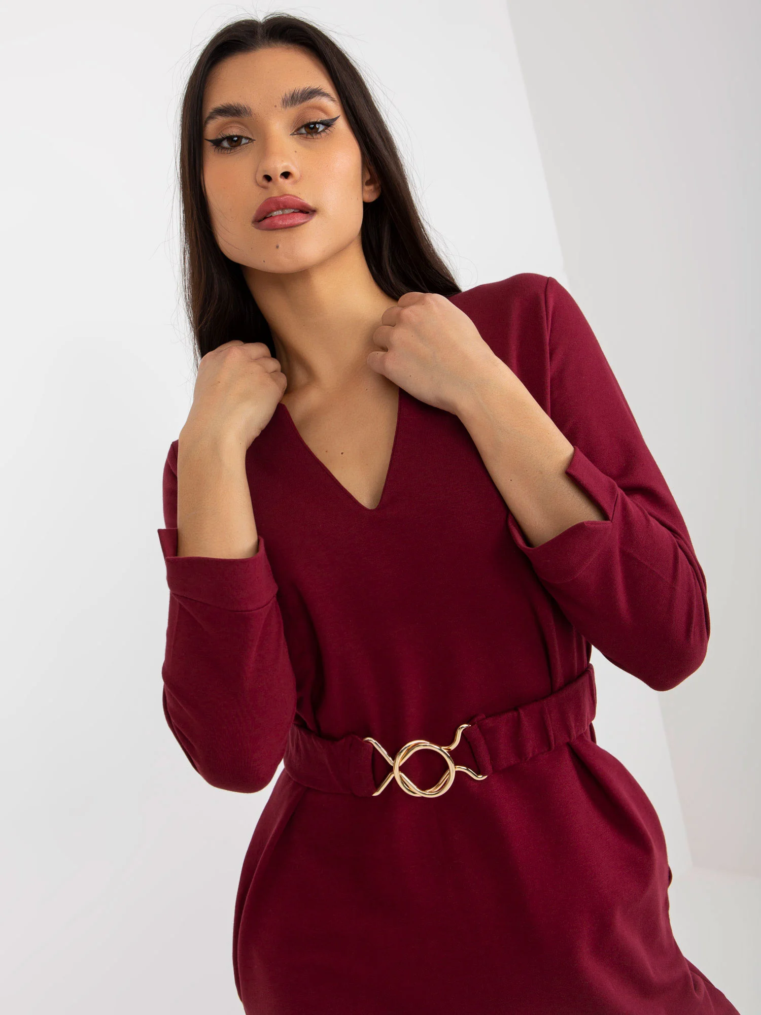 Rochie Dama Mini, Decolteu in V, Och Bella, Bordo Eleganta Office - imagine 5