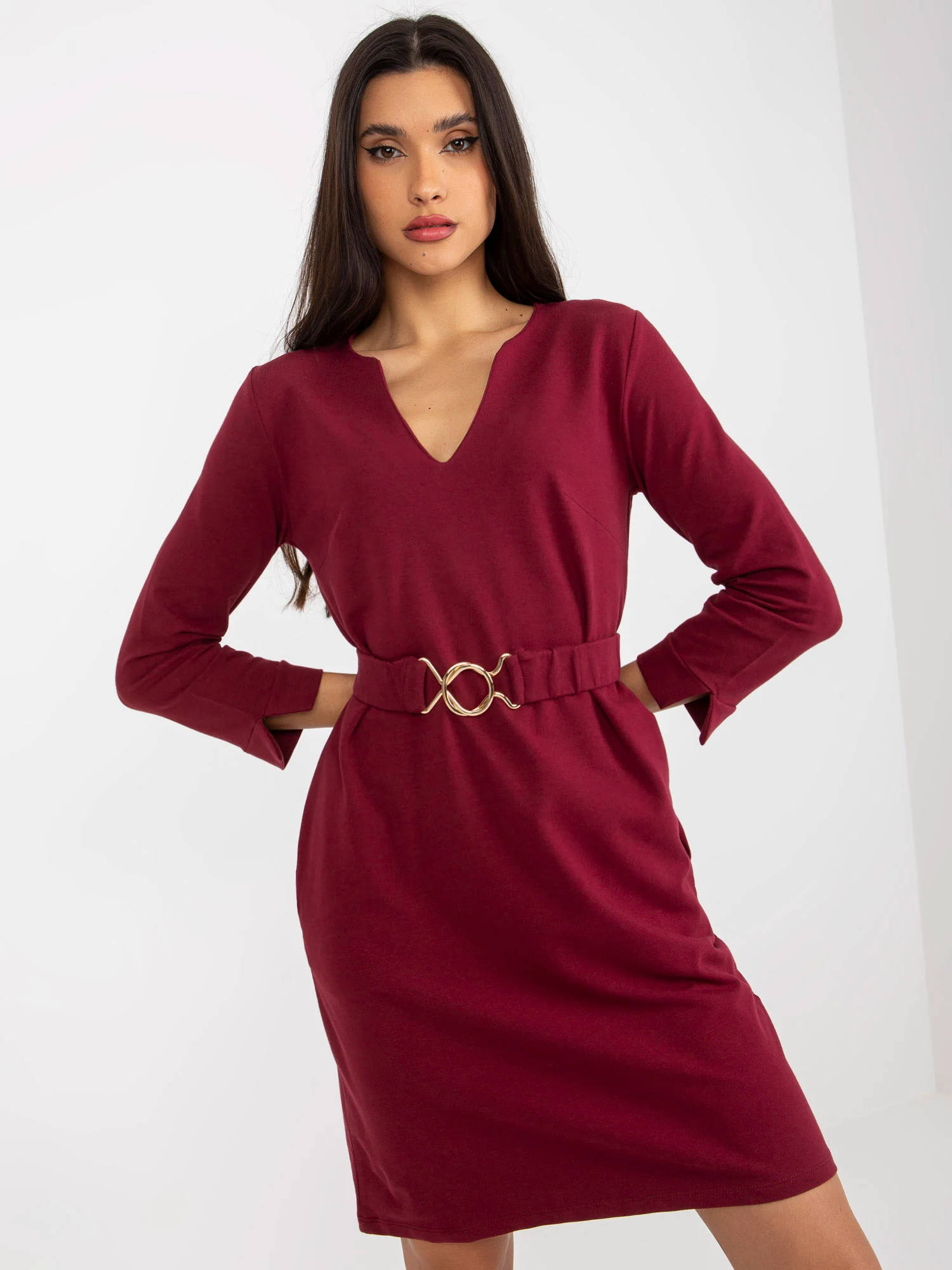 Rochie Dama Mini, Decolteu in V, Och Bella, Bordo Eleganta Office - imagine 2