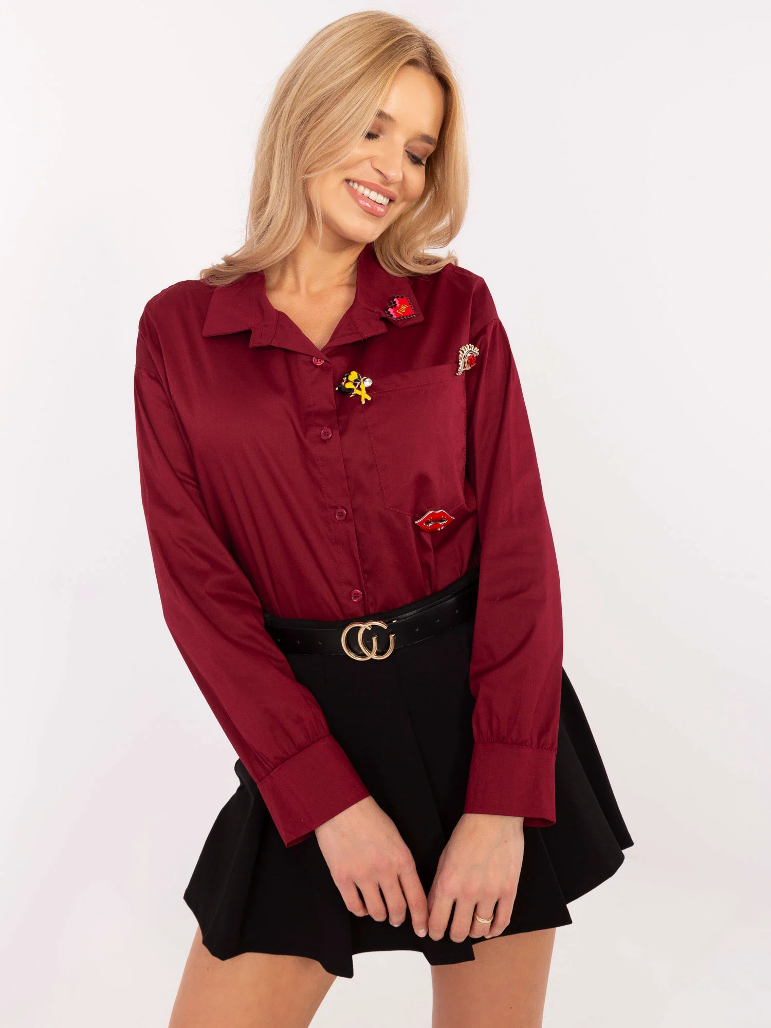 Camasa Dama Maneca lunga, Guler inalt, ITALY MODA, Bordo Casual - imagine 5