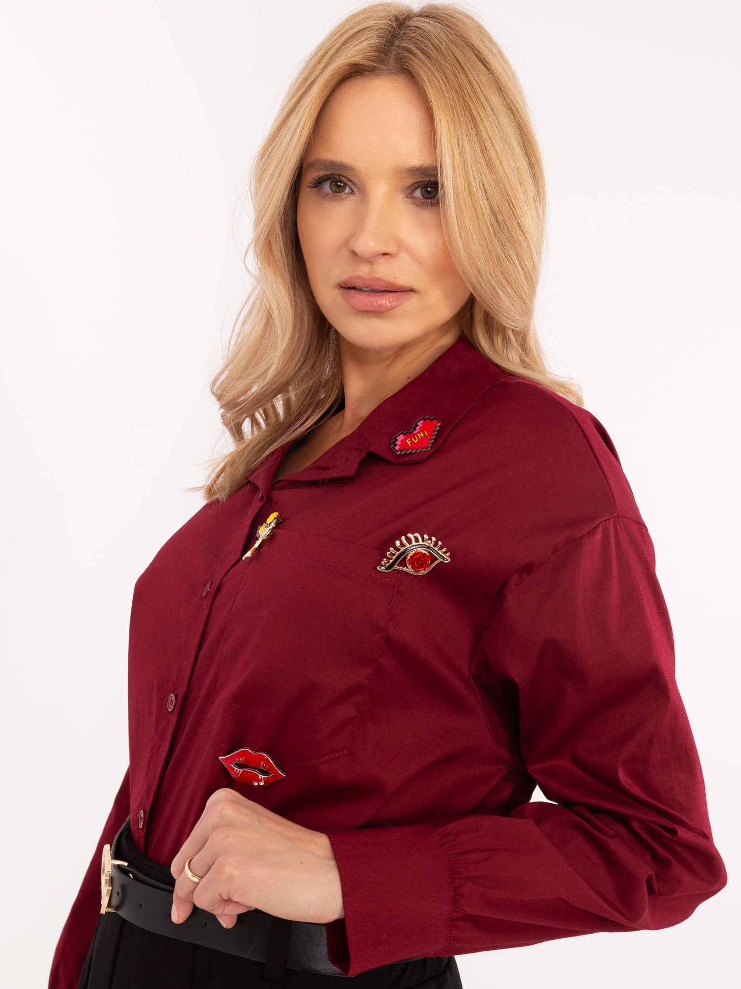 Camasa Dama Maneca lunga, Guler inalt, ITALY MODA, Bordo Casual - imagine 3