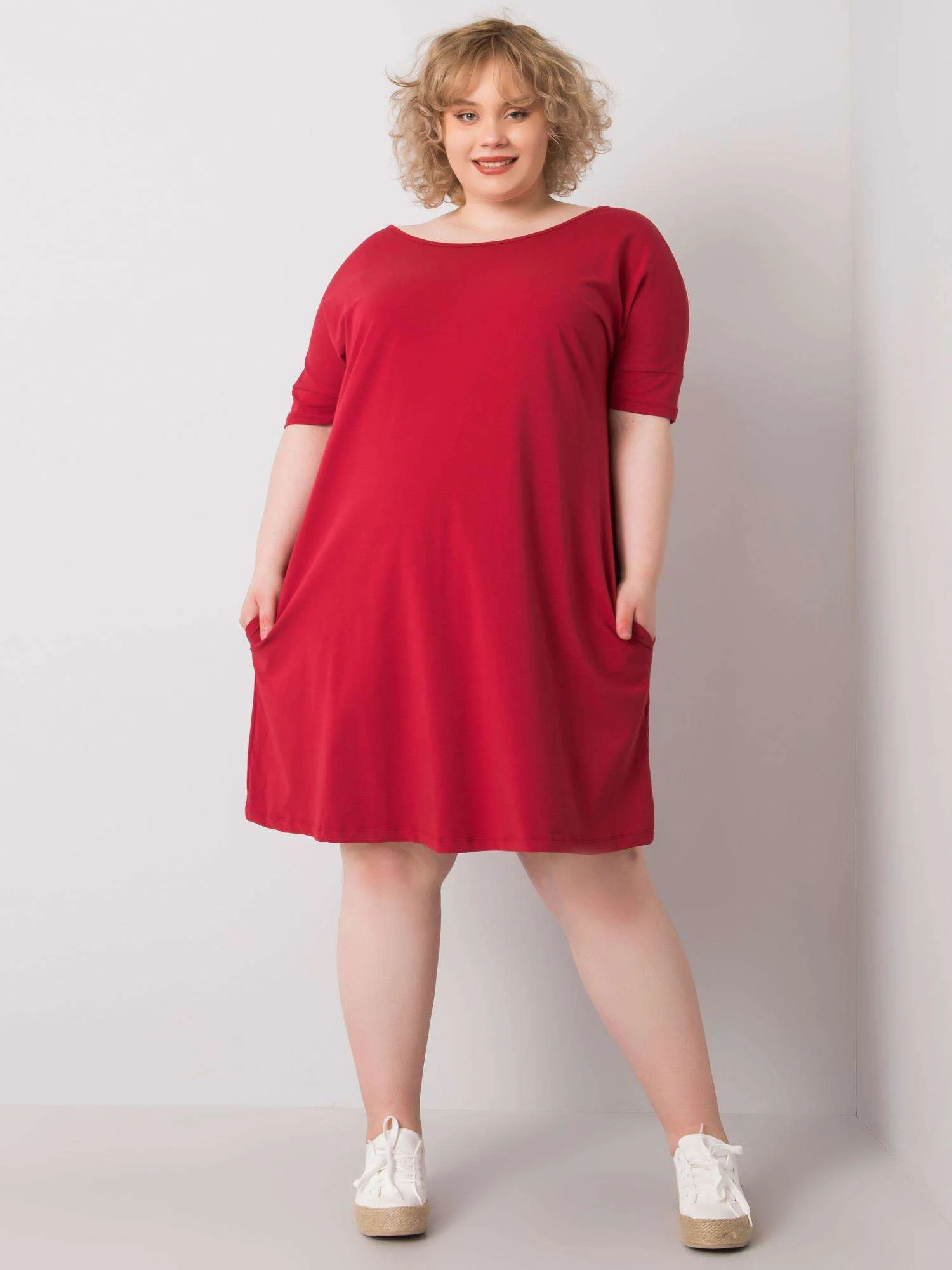 Rochie Dama Midi, Decolteu rotund, BASIC FEEL GOOD, Bordo Eleganta Office Marimi Mari - imagine 3