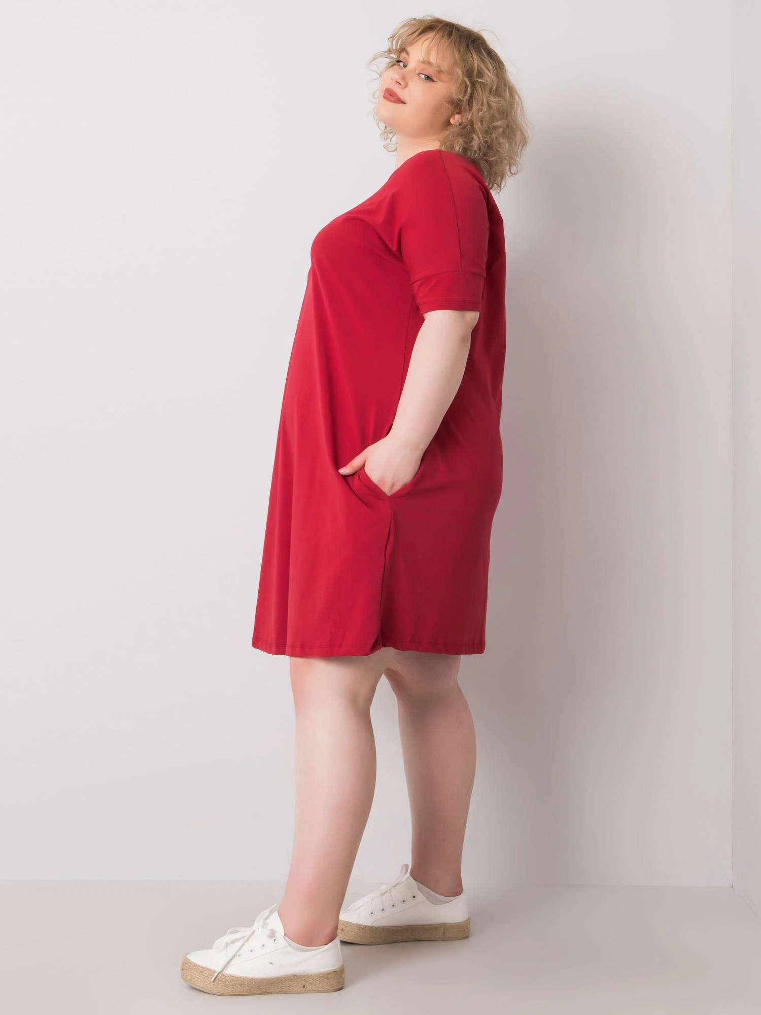 Rochie Dama Midi, Decolteu rotund, BASIC FEEL GOOD, Bordo Eleganta Office Marimi Mari - imagine 4