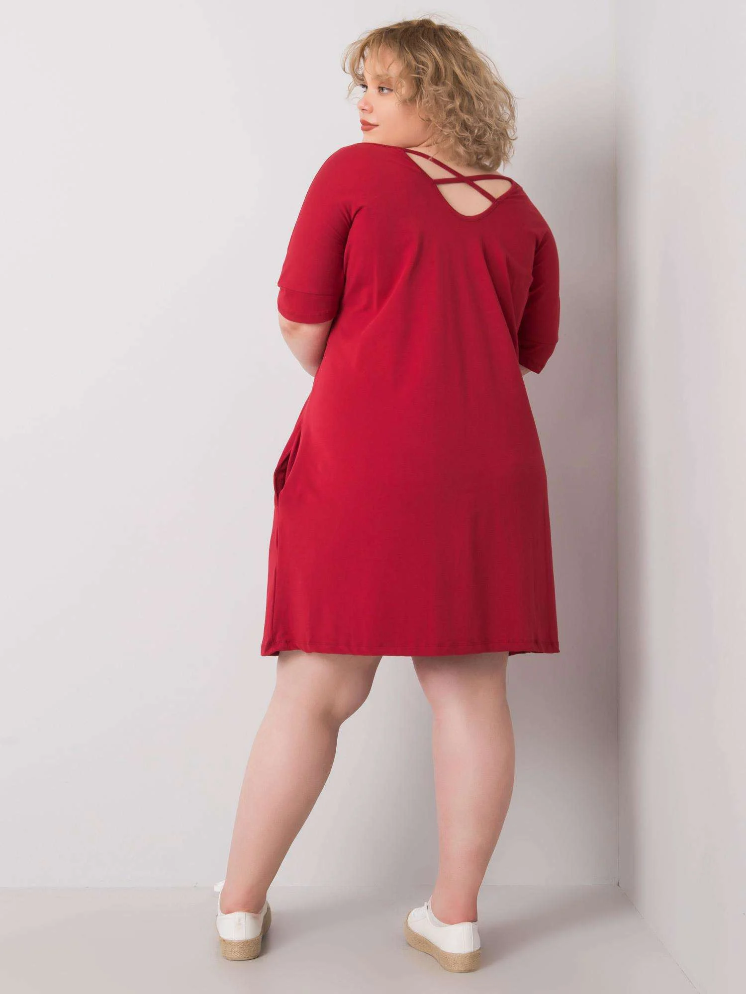 Rochie Dama Midi, Decolteu rotund, BASIC FEEL GOOD, Bordo Eleganta Office Marimi Mari - imagine 5