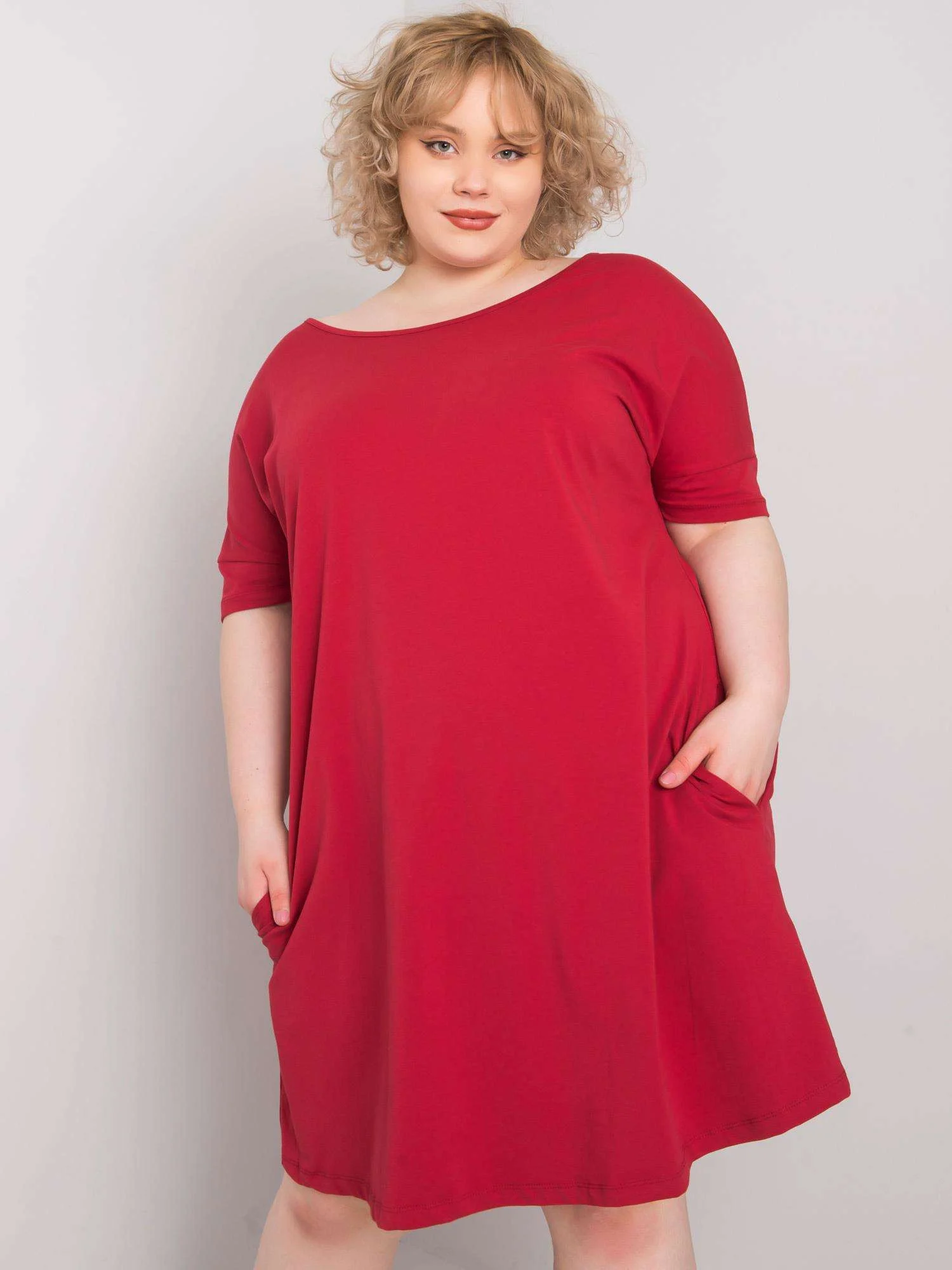 Rochie Dama Midi, Decolteu rotund, BASIC FEEL GOOD, Bordo Eleganta Office Marimi Mari - imagine 2