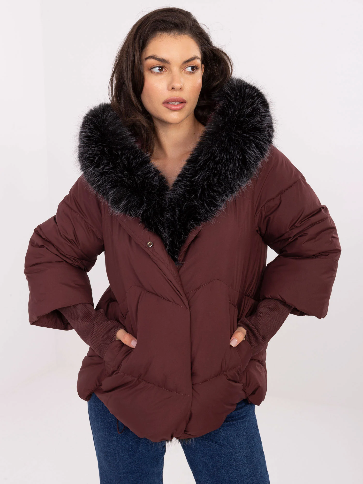 Jacheta Dama Maneca lunga, Guler inalt, Wind Line, Bordo Eleganta Office - imagine 3