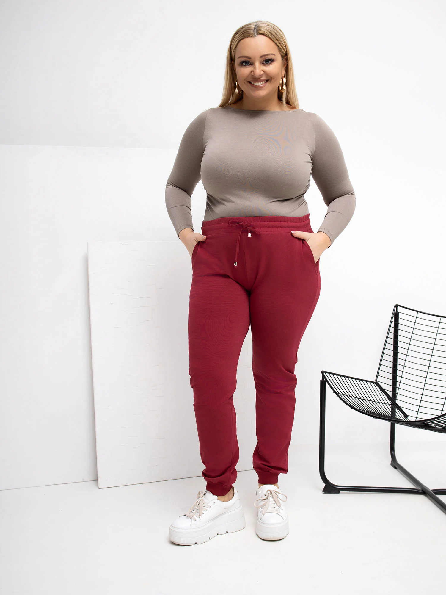 Pantaloni Trening Dama Mansete elastice, Guler inalt, RELEVANCE, Bordo Marimi Mari - imagine 3