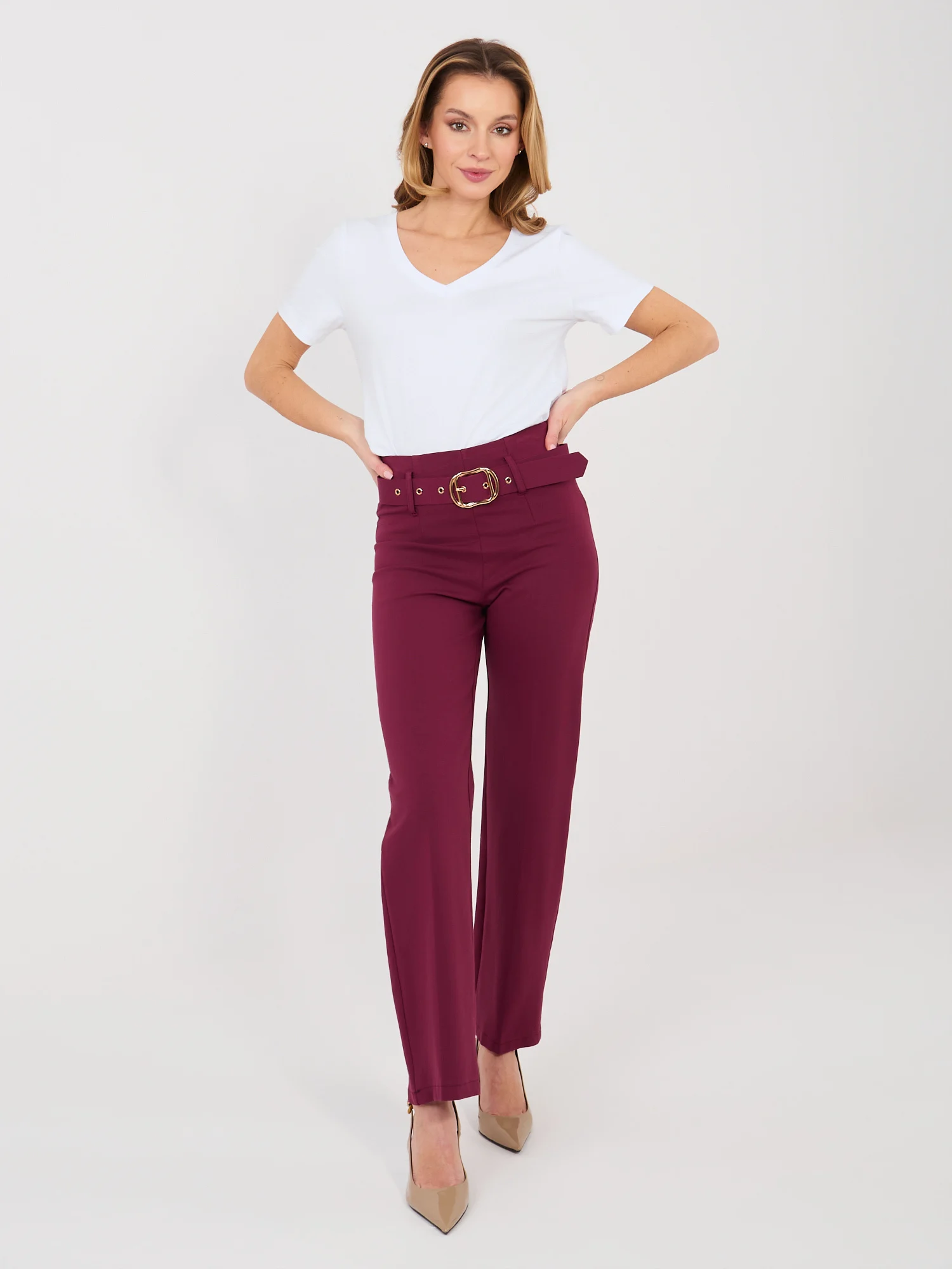 Pantaloni Dama Croiala dreapta, Guler inalt, RUE PARIS, Rosu Eleganta Office - imagine 2