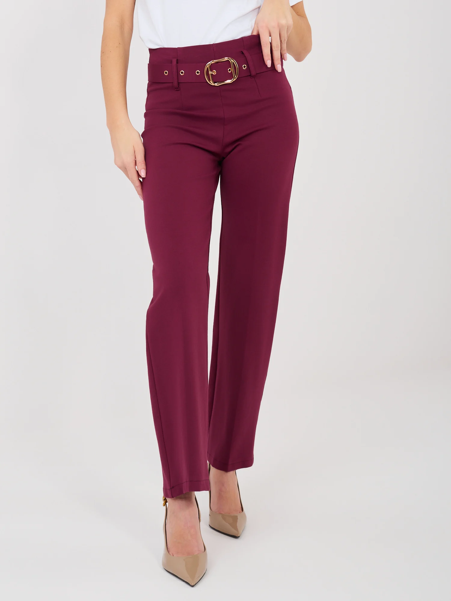 Pantaloni Dama Croiala dreapta, Guler inalt, RUE PARIS, Rosu Eleganta Office - imagine 3