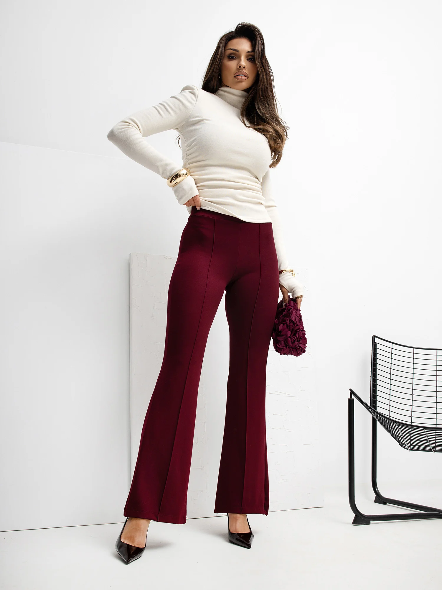 Pantaloni Trening Dama Lejera, Guler inalt, RUE PARIS, Bordo Eleganta Office - imagine 4