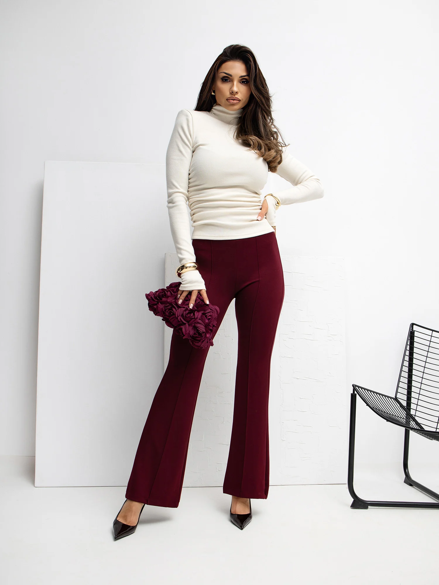 Pantaloni Trening Dama Lejera, Guler inalt, RUE PARIS, Bordo Eleganta Office - imagine 3