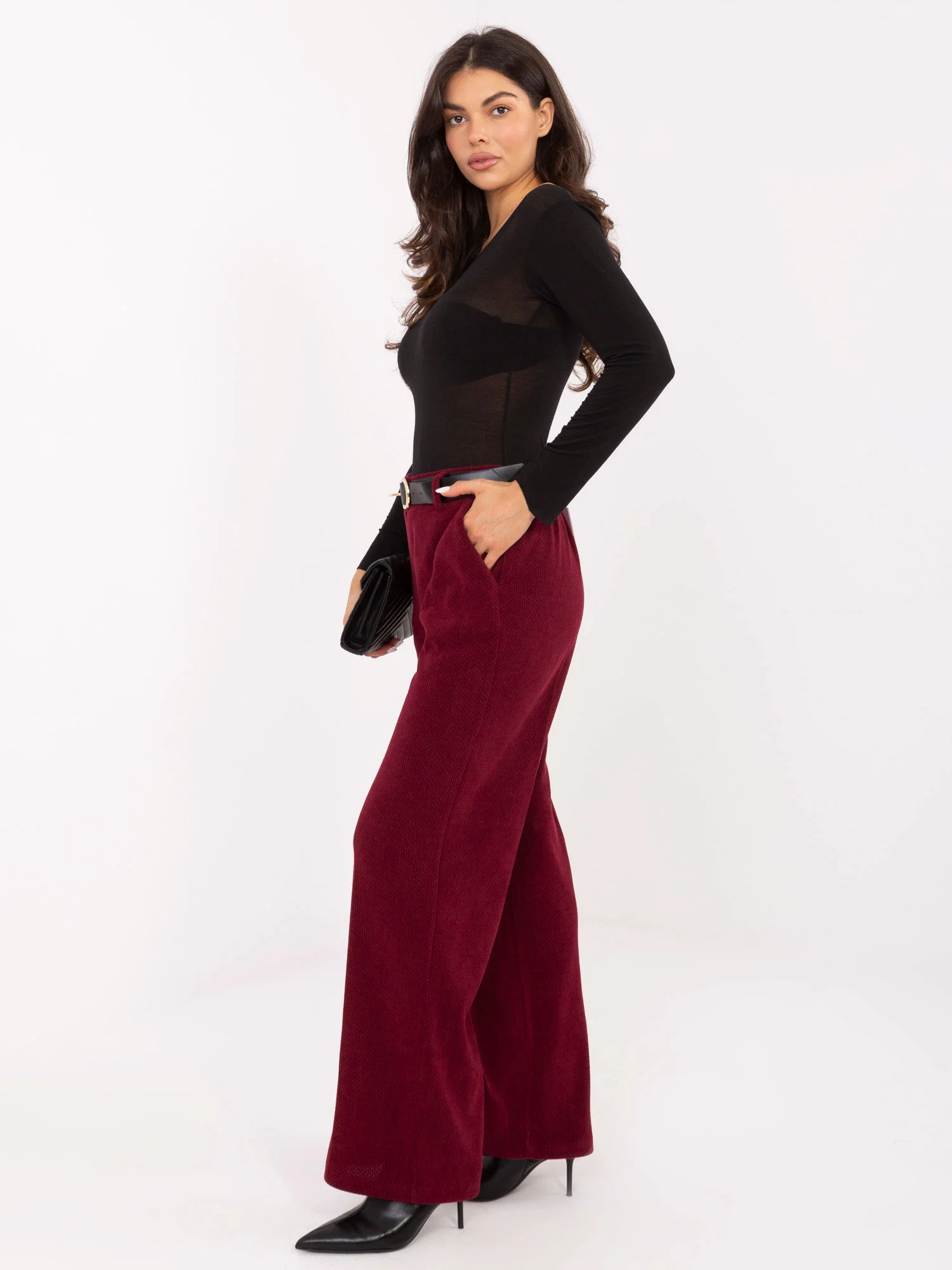 Pantaloni Dama Elegant, Guler inalt, ITALY MODA, Bordo Eleganta Office - imagine 3